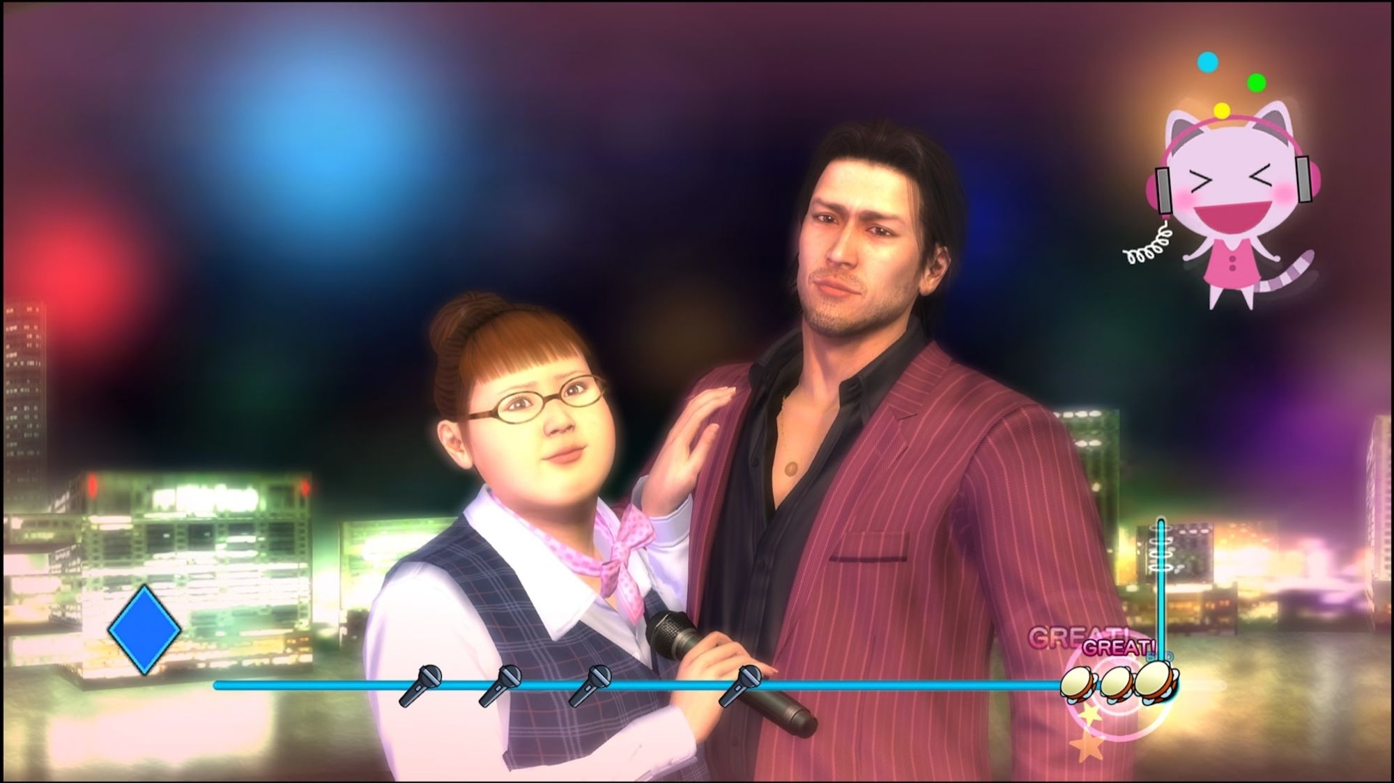 Business man Akiyama and secretary Hana singing a duet at karaoke.