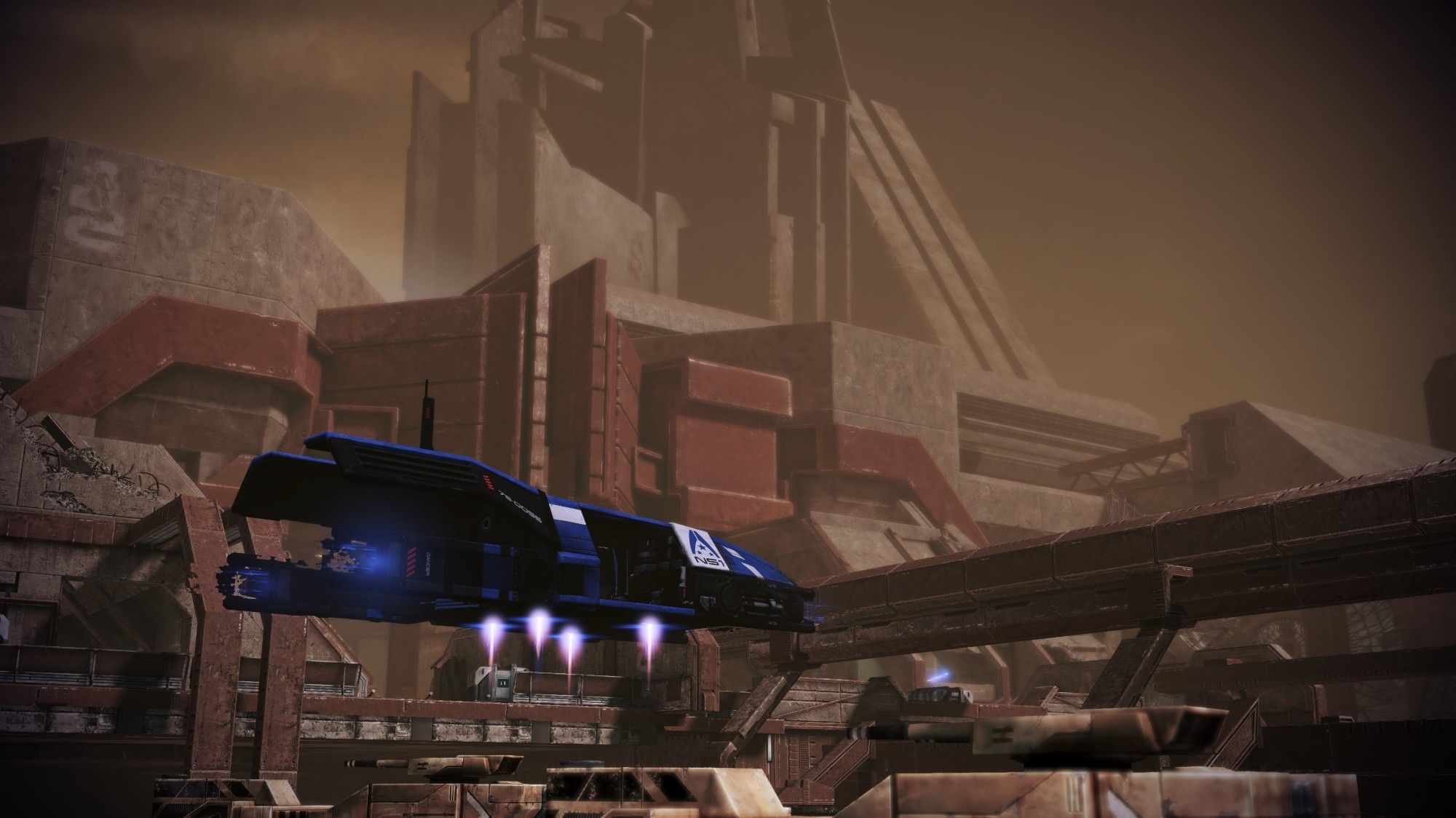 The blue Kodiak transport shuttle lands near a blocky superstructure. Screenshot taken by Reddit user SasoDuck.