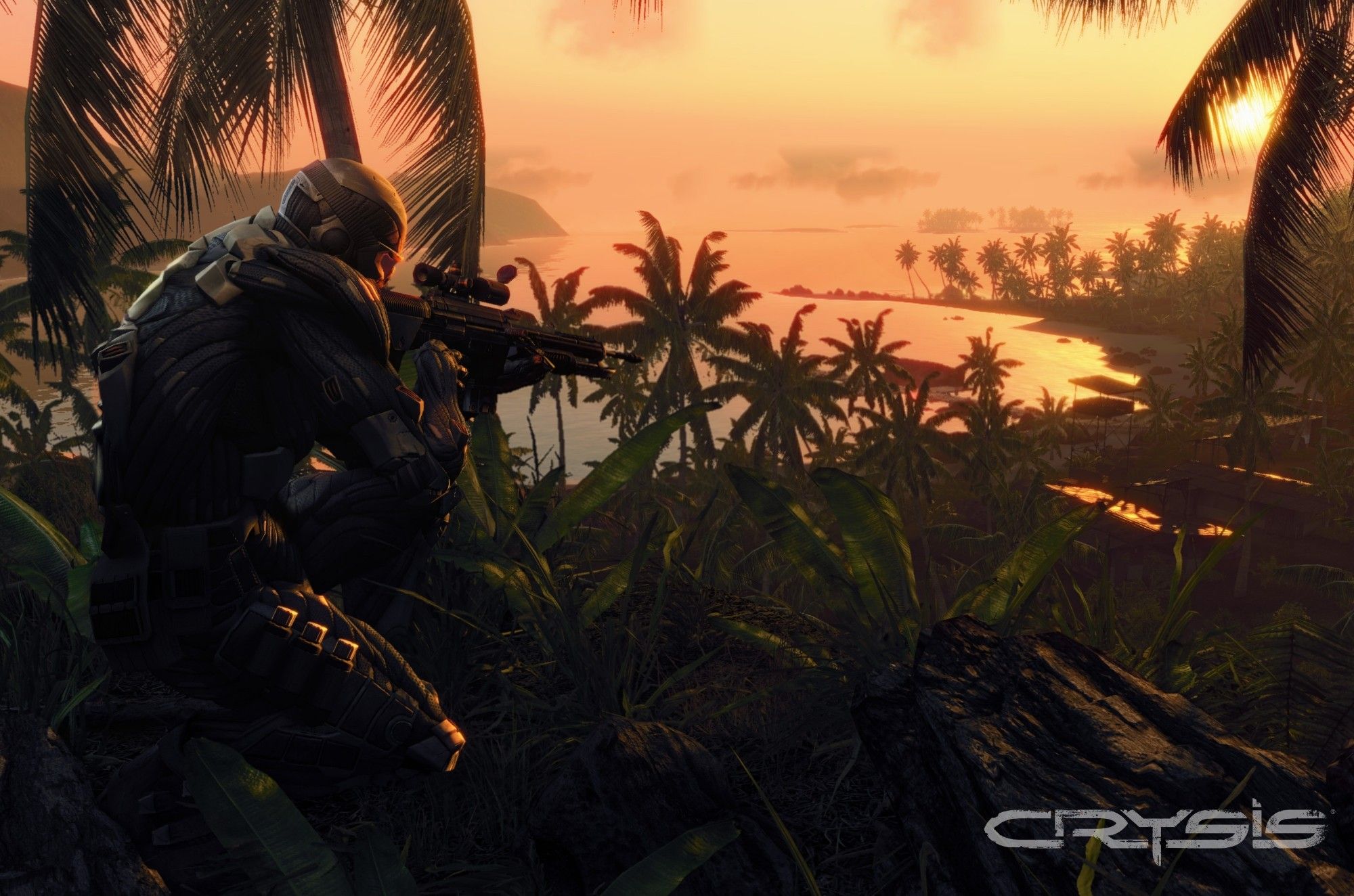 Protagonist Nomad overlooks a military Outpost on the beach at sunset.