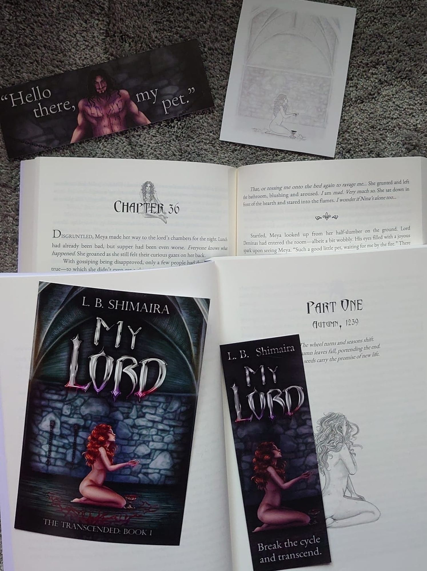 A photo showcasing the internal layout of the book, with the artwork & header art, a bookplate showing a sketch of the front cover, bookmarks with the cover art, 1 with Meya stating "break the cycle & transcend", the other with Lord Deminas stating "hello there, my pet."
Image description of the front cover:
The background is that of a dungeon in grey & blueish hues.
In the upper part of the cover it reads L. B. Shimaira, & below that My Lord. The title lettering appears in a silver metallic font with red & purple blood dripping from the bottom.
In the lower half of the cover a naked white woman with wavy red hair is seated on her knees, facing right. She has her hands clasped together in front of her & blood is spilling from them into a chalice by her knees. Her eyes are closed, & her chin is slightly turned up.
The floor around her is covered in red blood that slowly changes to purple as it runs off-screen towards the viewer. To the left of her, on the wall, are shackles.