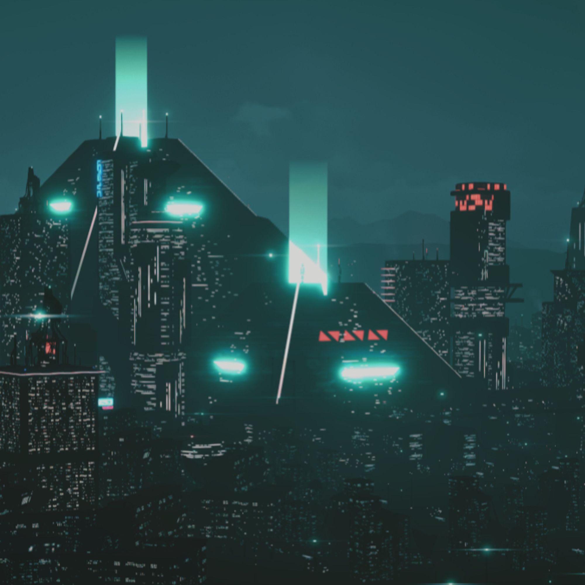 An extremely blade runner looking render of a city with op's stylized "triangle name" in glowing red in the center of frame on the side of a techno pyriamid