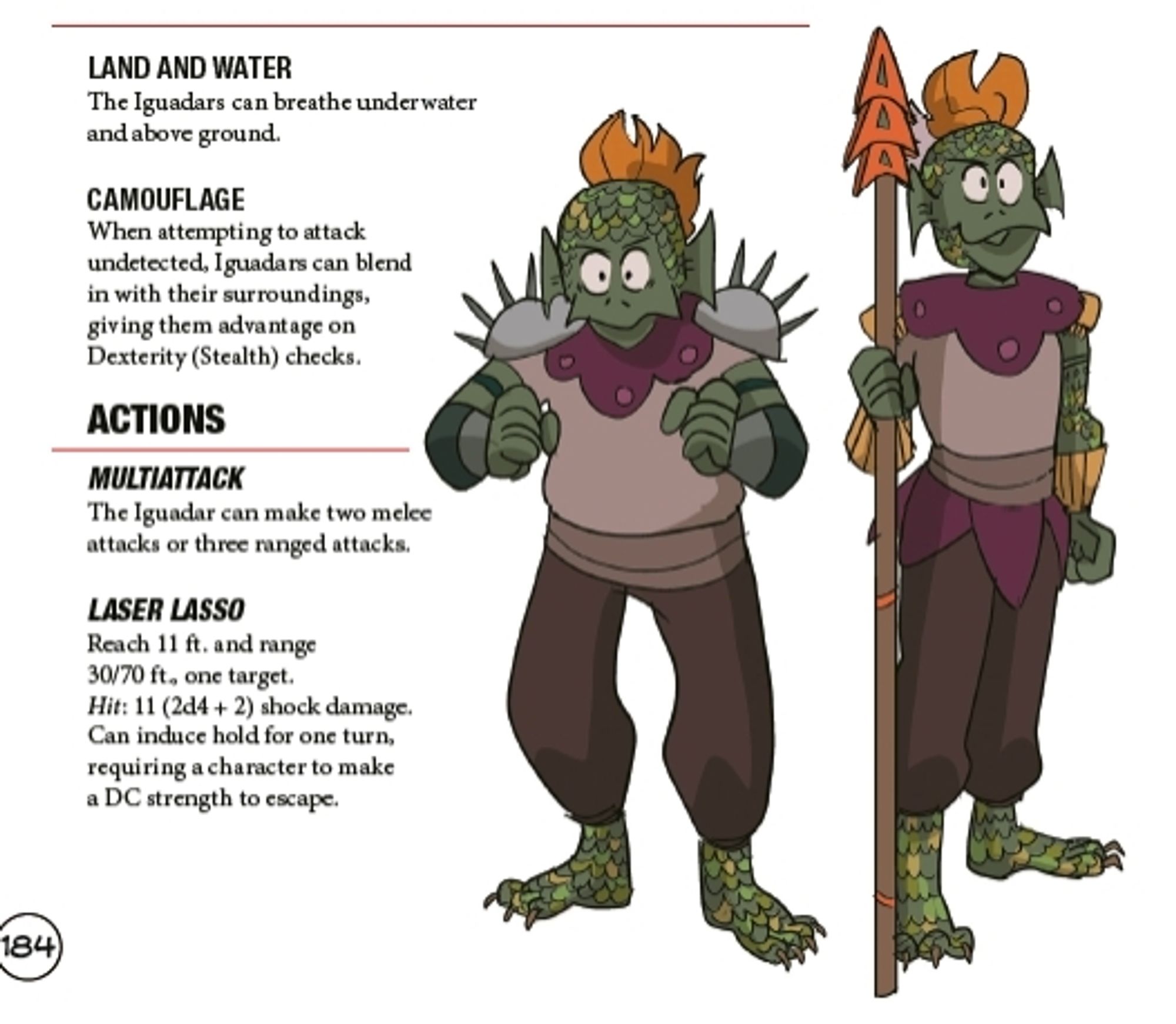 A crop of a stat block of the playable adventure Magrak's Pylon! Two igauana-baaed monsters stand at the ready. Found at the end of Side Quest: A Visual History of Roleplaying Games