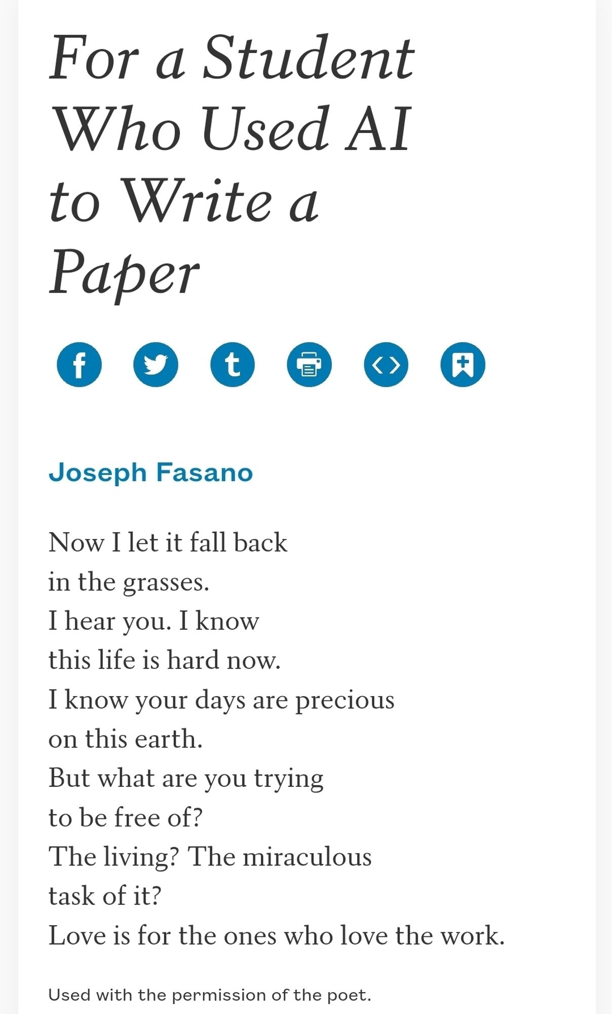 A screenshot of the poem "for a student who used AI to write a paper" by Joseph Fasano