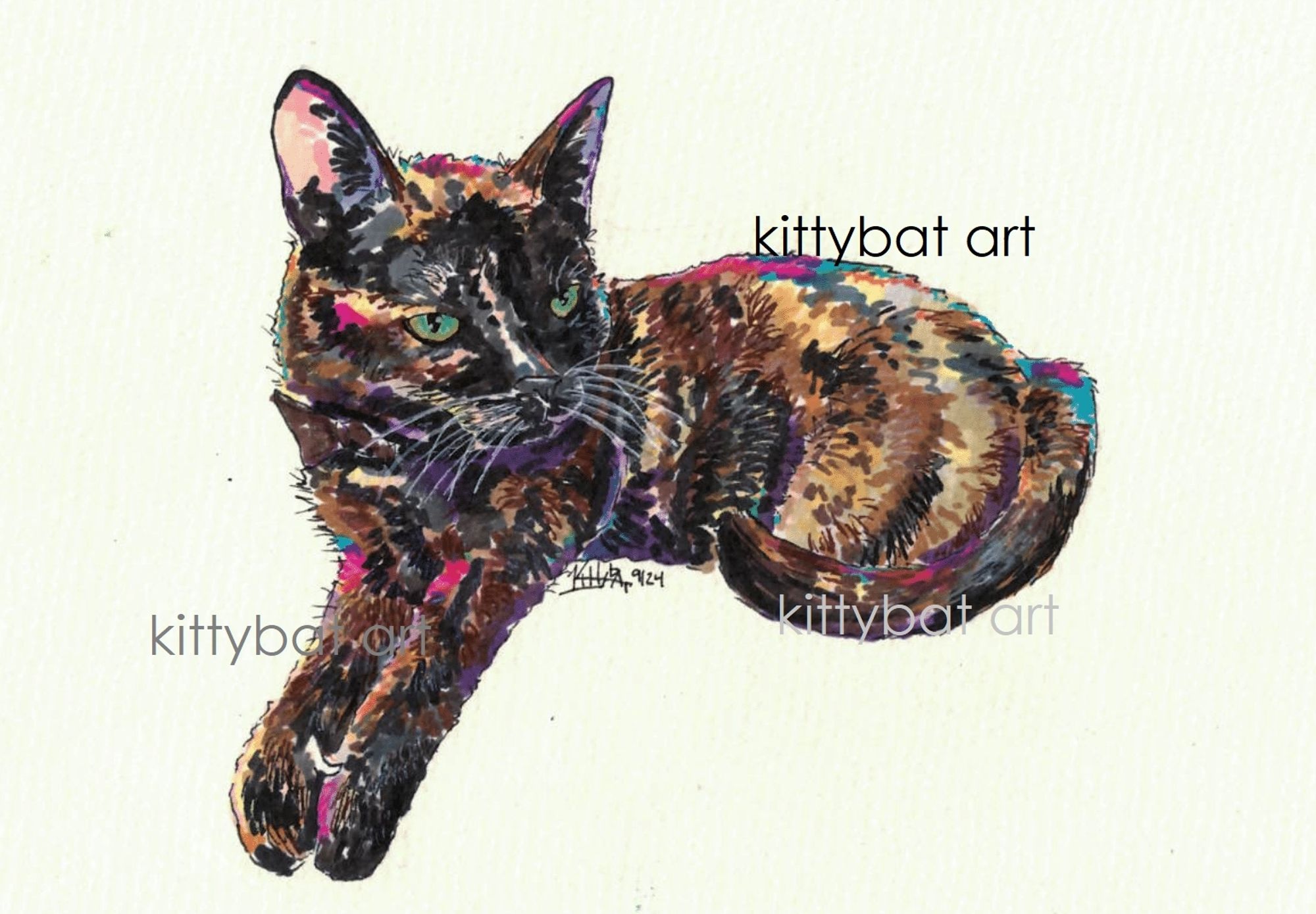 marker drawing of a tortoiseshell cat laying down