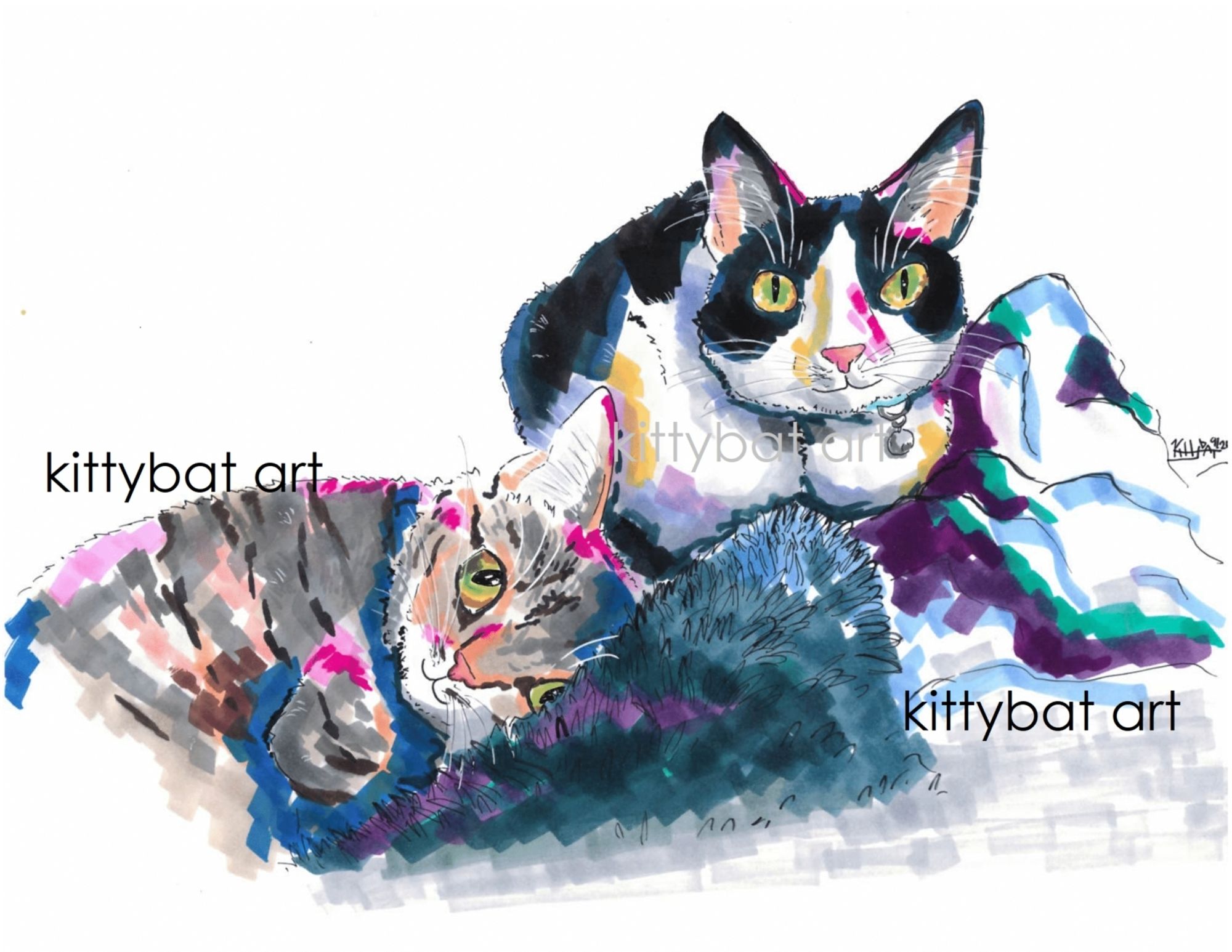 marker drawing of two cats, one is a grey tabby and the other is a black and white cat