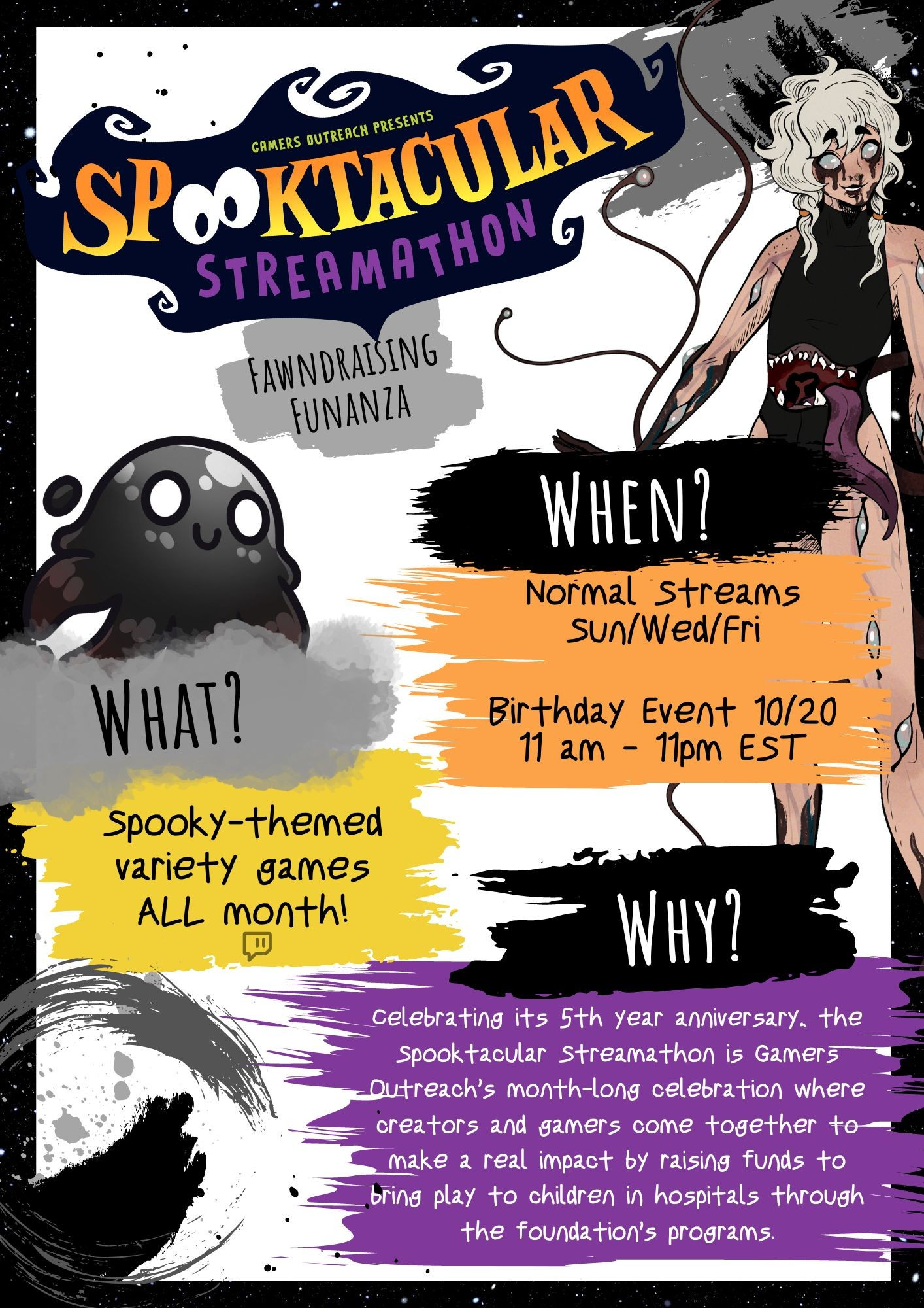 An announcement poster for twitch streamer CombatOven's charity event for Gamers Outreach. It's labeled the Spooktacular Streamathon and Fawndraising Funanza. The poster explains that it's for the entire month with a special 12-hour event on October 20th.