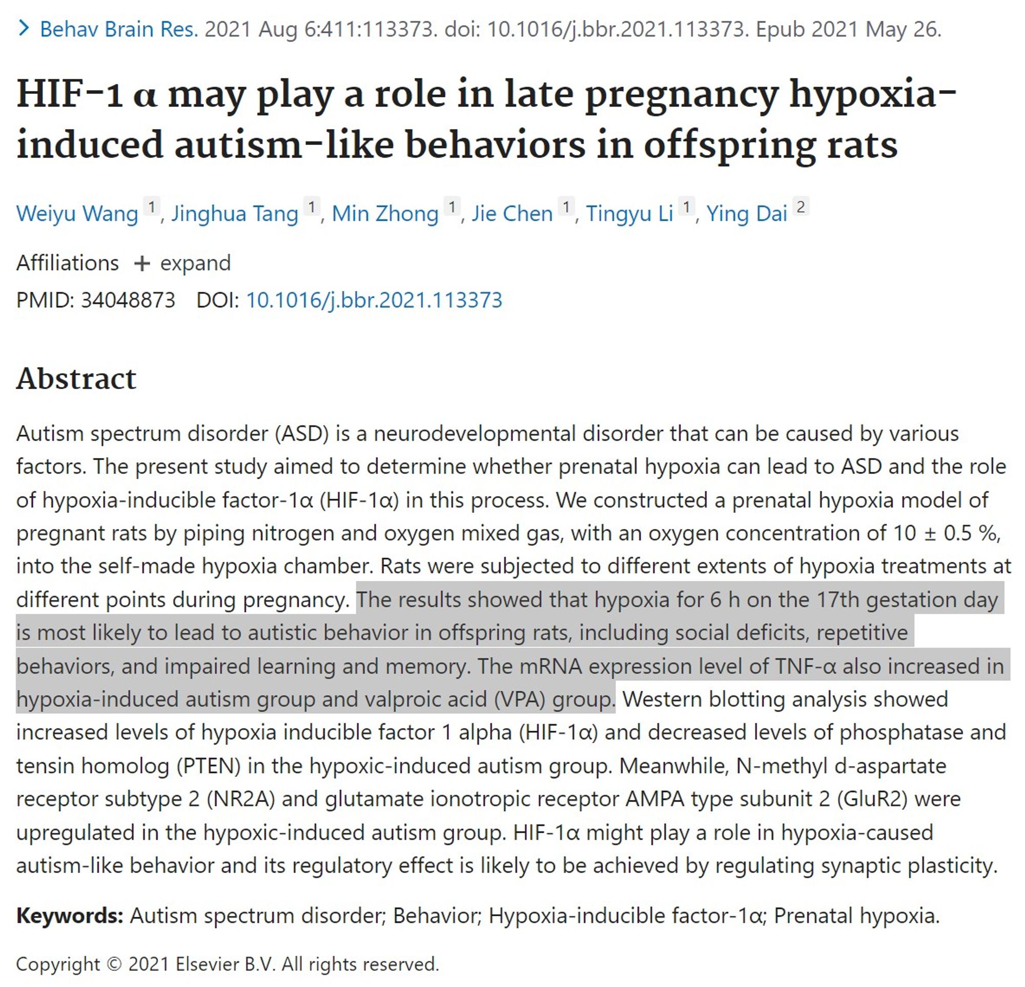 The results showed that hypoxia for 6 h on the 17th gestation day is most likely to lead to autistic behavior in offspring rats, including social deficits, repetitive behaviors, and impaired learning and memory. The mRNA expression level of TNF-α also increased in hypoxia-induced autism group and valproic acid (VPA) group.