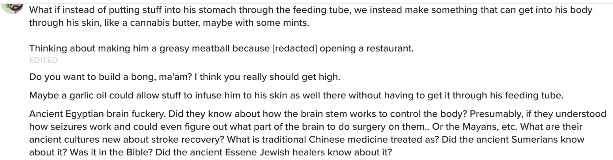 What if instead of putting stuff into his stomach through the feeding tube, we instead make something that can get into his body through his skin, like a cannabis butter, maybe with some mints.
Thinking about making him a greasy meatball because [redacted] opening a restaurant.
Do you want to build a bong, ma'am? I think you really should get high.
Maybe a garlic oil could allow stuff to infuse him to his skin as well there without having to get it through his feeding tube.
Ancient Egyptian brain fuckery. Did they know about how the brain stem works to control the body? Presumably, if they understood how seizures work and could even figure out what part of the brain to do surgery on them.. Or the Mayans, etc. What are their ancient cultures new about stroke recovery? What is traditional Chinese medicine treated as? Did the ancient Sumerians know about it? Was it in the Bible? Did the ancient Essene Jewish healers know about it?