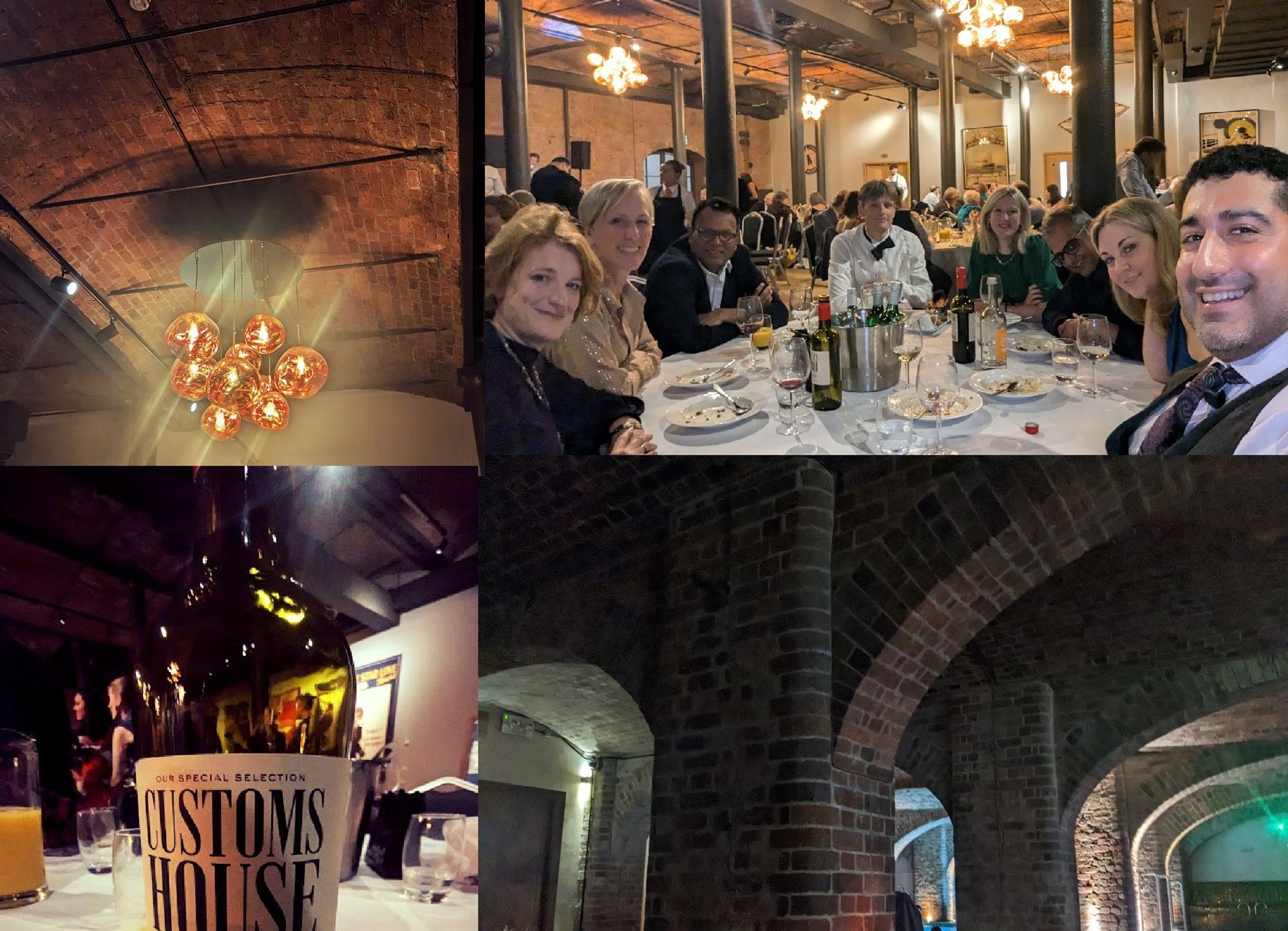 A collage of photos from the Titanic hotel including (anticlockwise)  some lights, a bottle of wine, the spa at the hotel, and a table of physicians