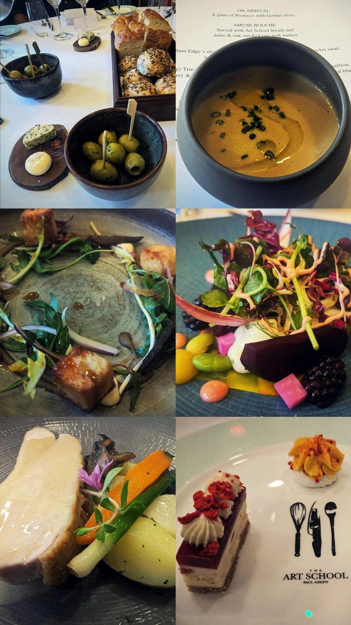 A six-photo collage of food. Olives and bread, a nice veloute, forgotten what the third and fourth were. Fourth was chicken, desert was mini-puds and the mango one was amazing.