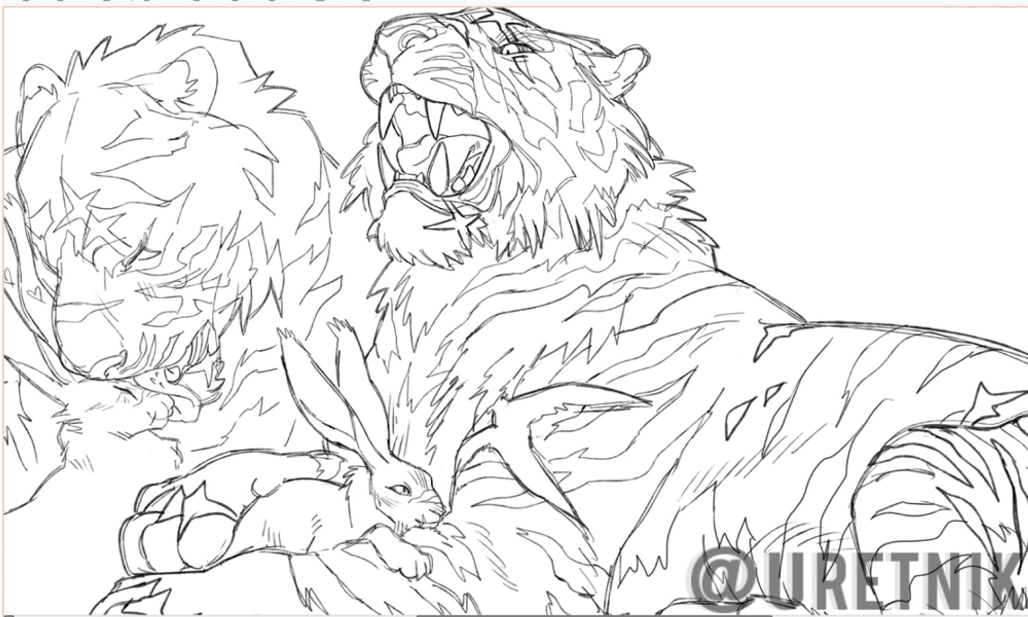 Two sketches of a tiger and her lover, a hare (one on the left, the hare is being groomed / on the right, the hare rests in her paws); the tiger is covered in distinct scars and gives a menacing and bestial aura while the hare appears friendly, she has a sweet demeanor.