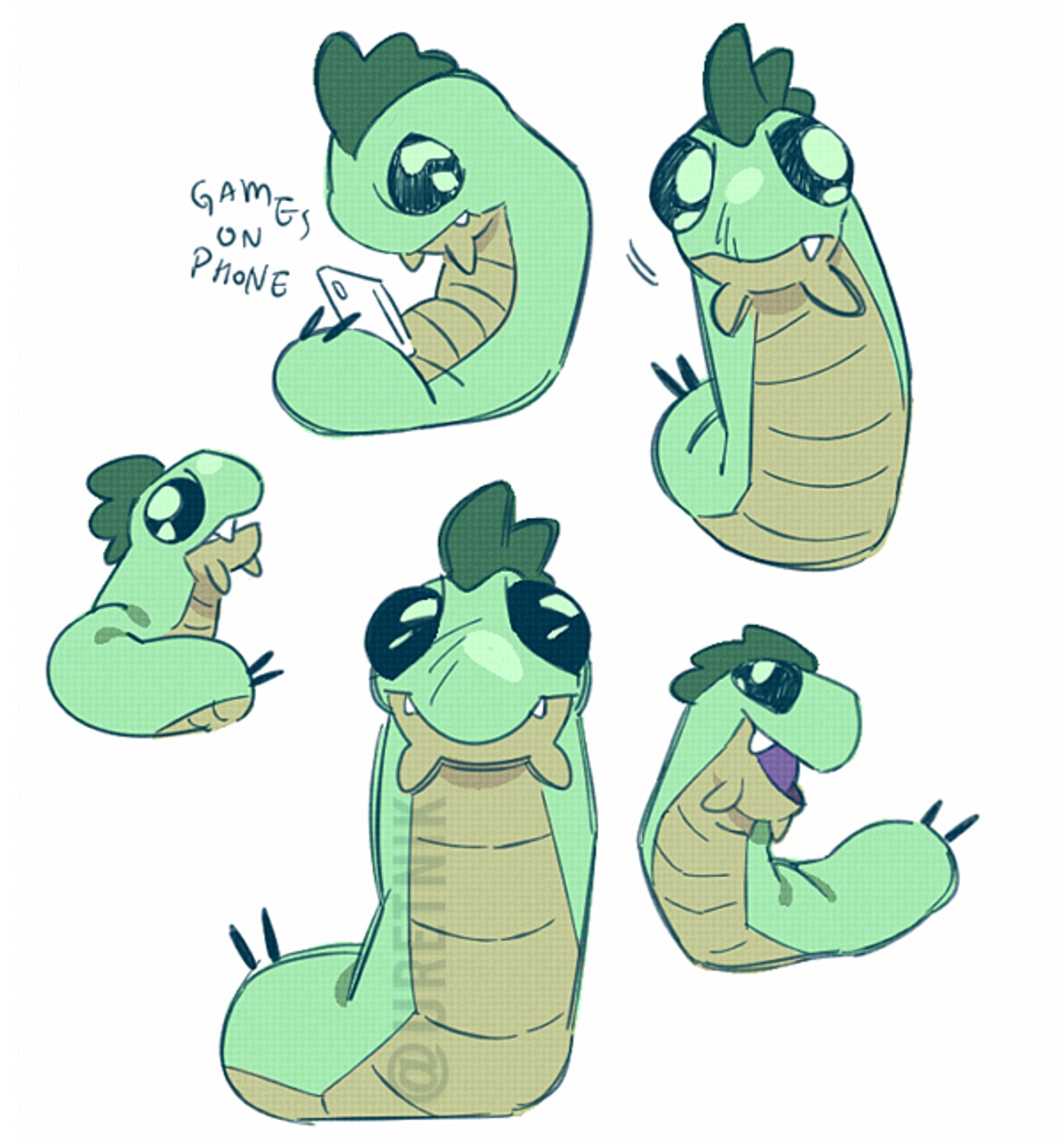 Colored doodles of baby buzz (from Neopets) in different poses, two include staring front-facing, two staring off to the side, and one playing on a very tiny phone.