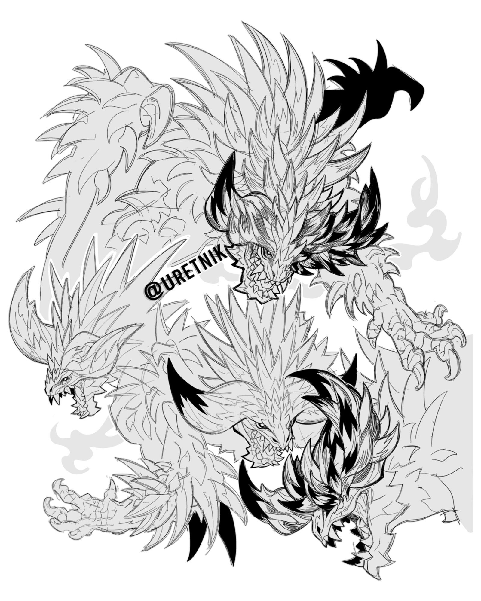 Black sketches with a light grey background of Nergigante, from Monster Hunter: World. It is snarling in all poses, with unique splintered/damaged horns in two drawings.