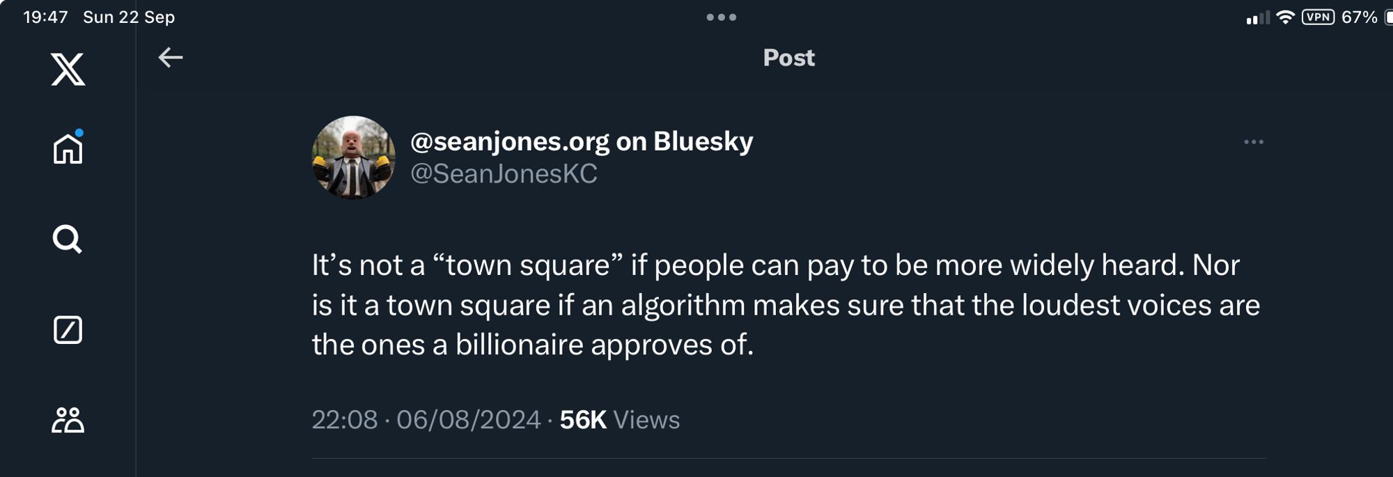 Screenshot of Twitter post saying: “it’s not a ‘town square’ if people can pay to be more widely heard. Nor is it a town square if an algorithm makes sure that the loudest voices are the ones a billionaire approves of.”