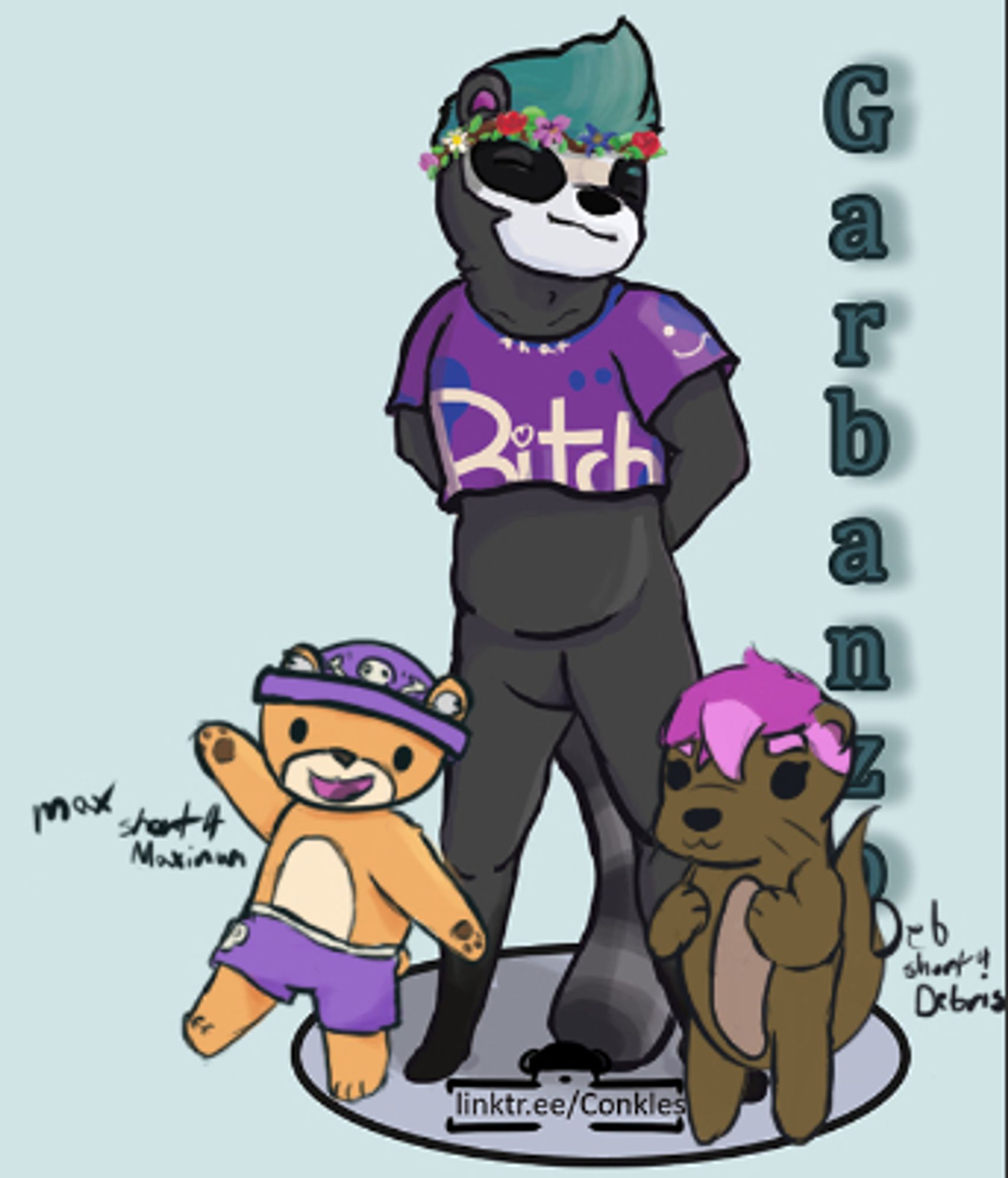 3 characters, 
a small bear with a purple hat, purple shorts
a small otter with pink and purple hair
A raccoon with a crop top, a flower crown and teal hair