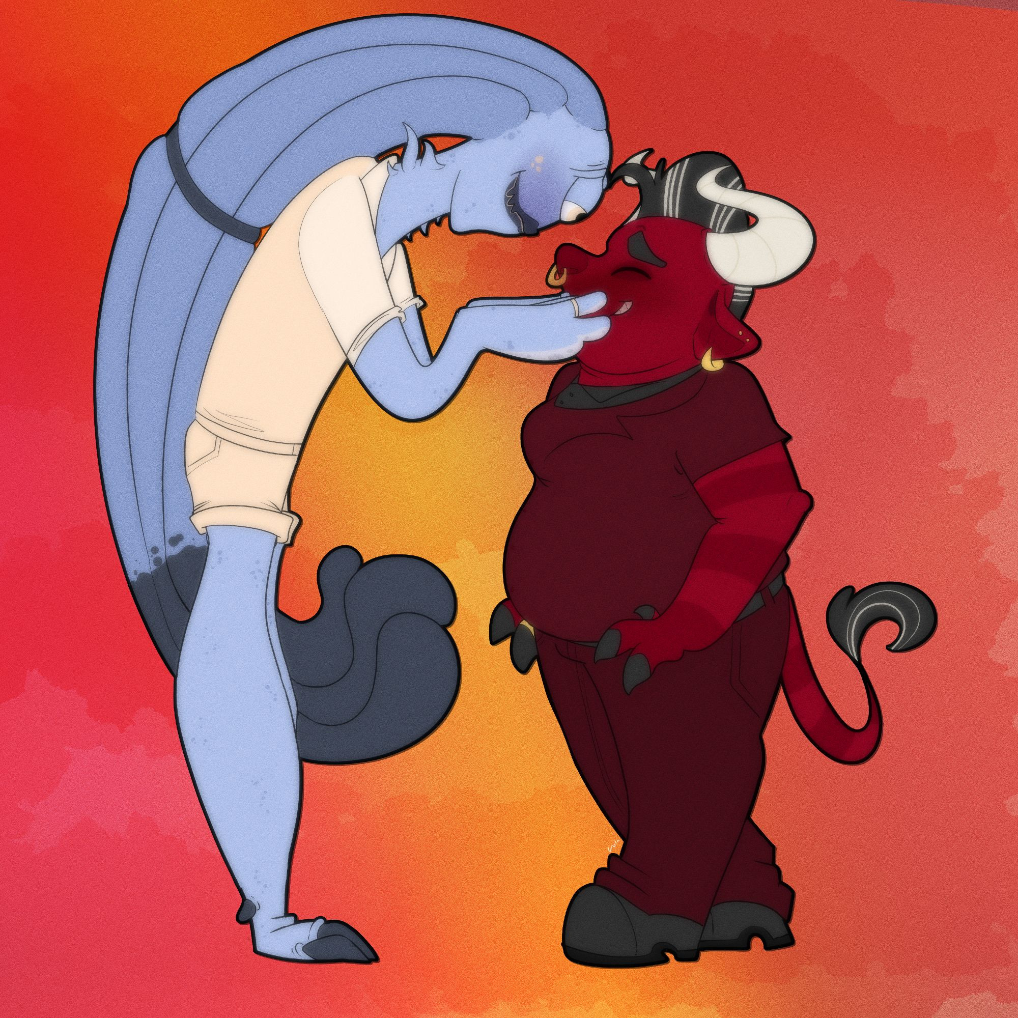 A humanoid octopus and a humanoid bovine staring into each others eyes lovingly and gayly.