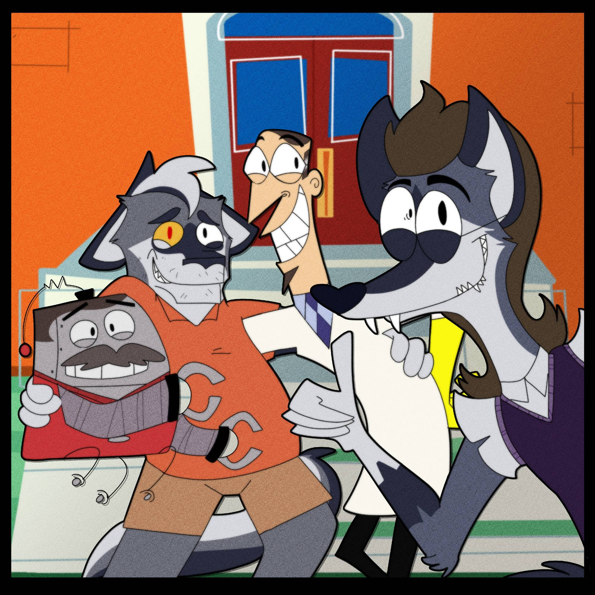 Scudworth, Mr Butlertron, My anthro Gray Wolf OC Wulfington and Wesley who is also an anthro gray wolf standing in front of Clone High. Wesley is in the front and is giving a thumbs up