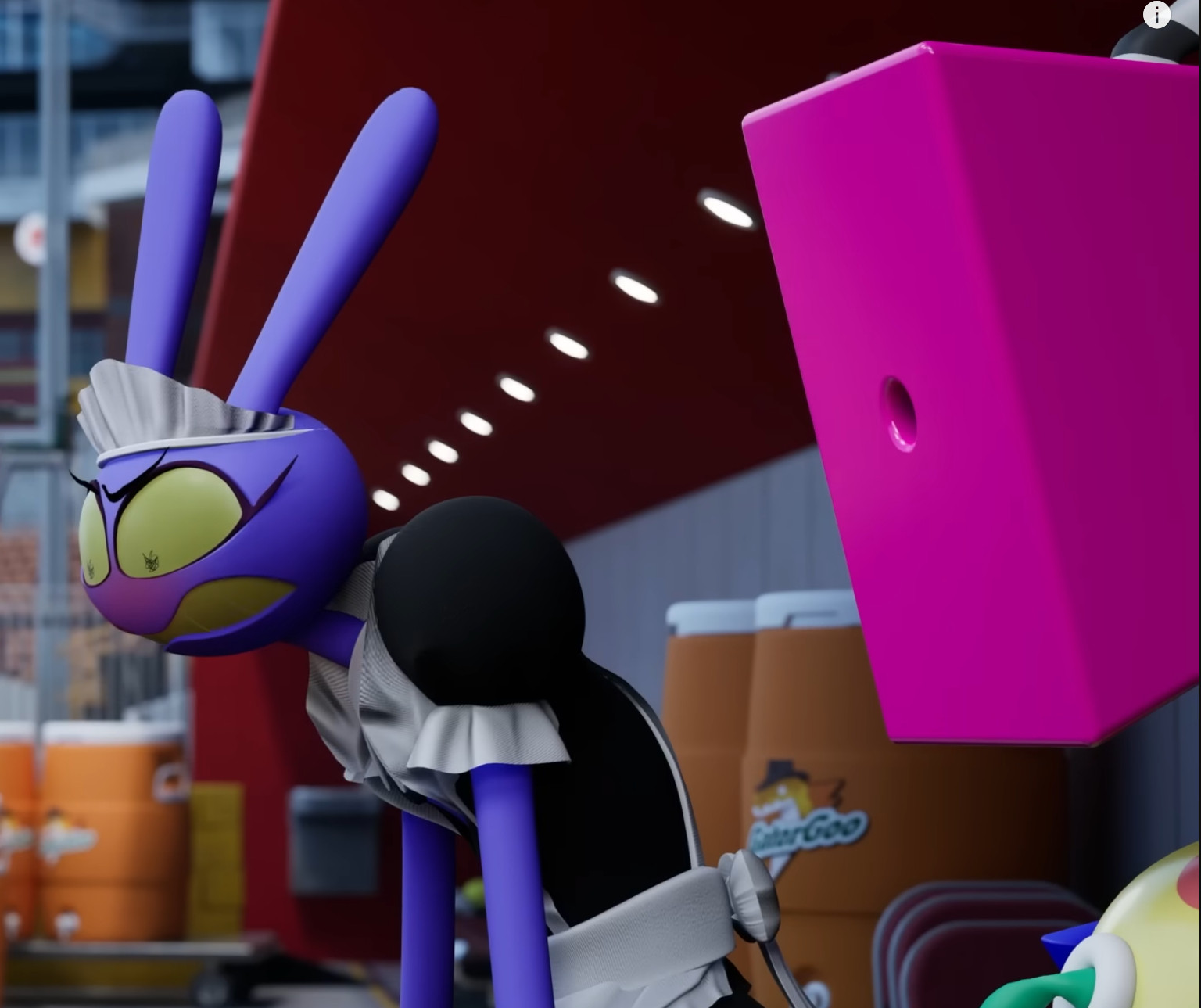 Screencap of Jax from the show "The Amazing Digital Circus" being upset over wearing a maid outfit.