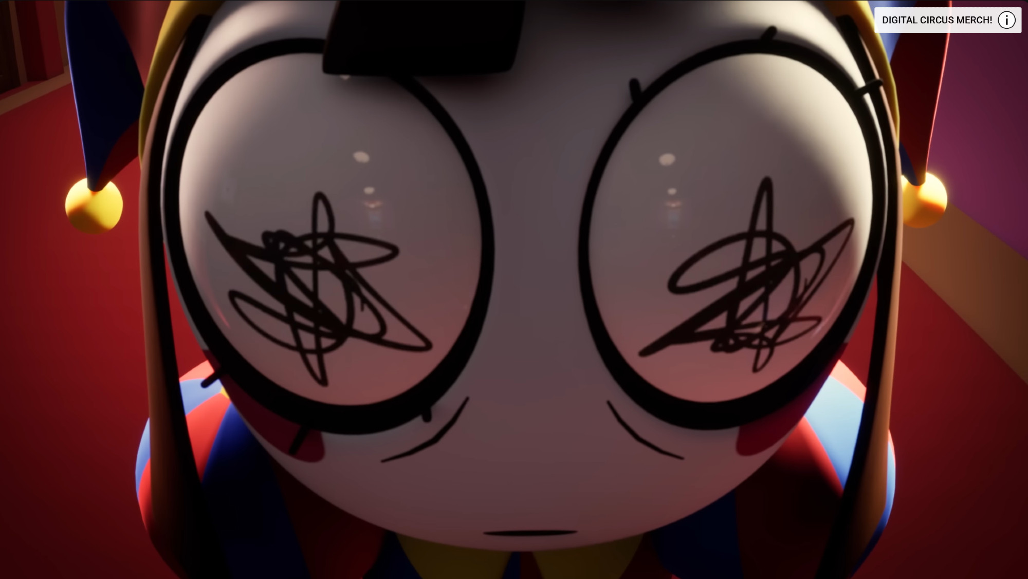 Screencap of Pomni from episode 1 of the show "The Amazing Digital Circus" experiencing psychological distress.