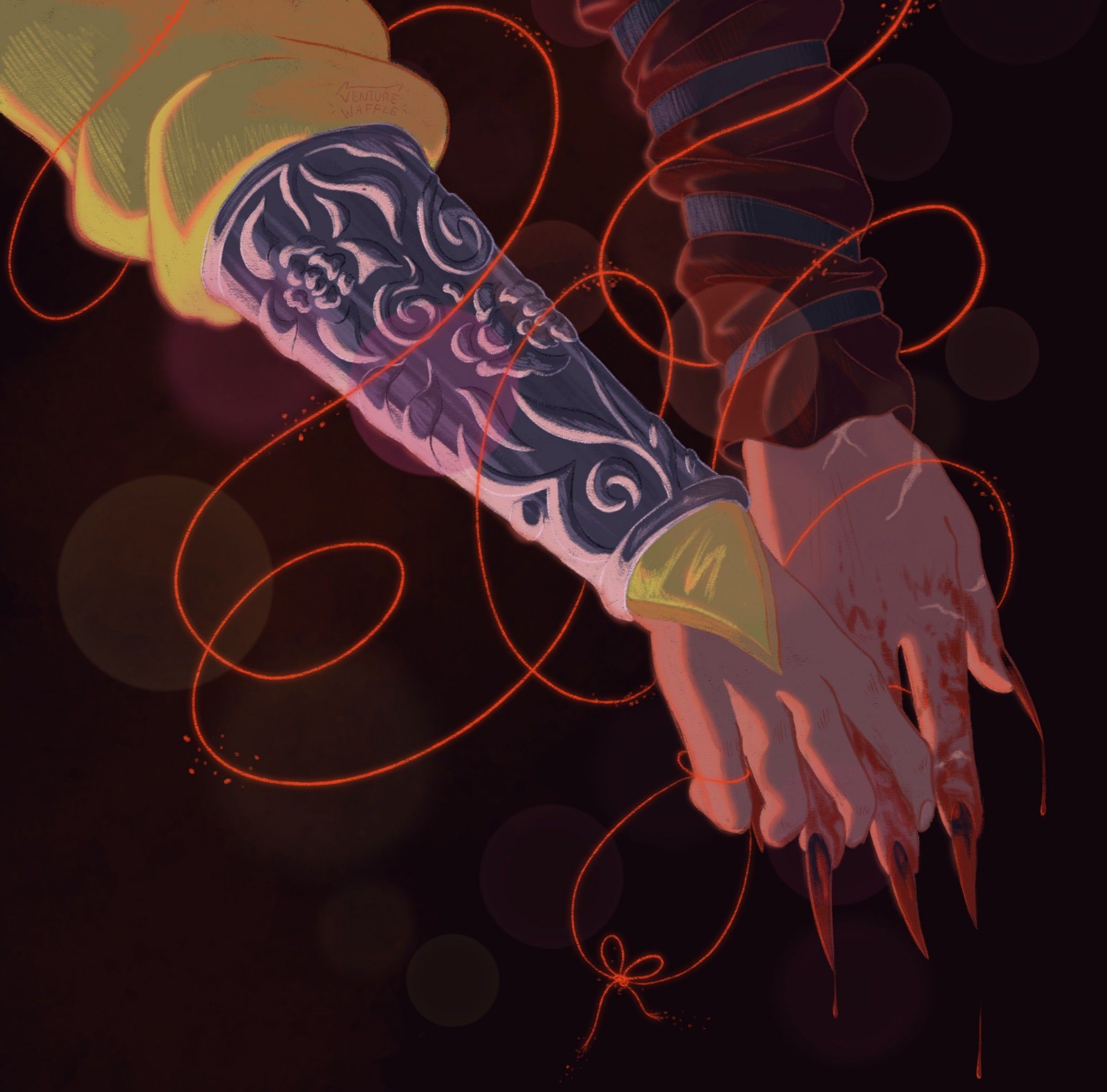 Close up illustration of Gongyi Xiao and Luo Binghe from svsss holding hands. Binghe has blood on his hands and sharp nails. GX is gently reaching out. A broken red string that has been tied together loops around their hands and arms