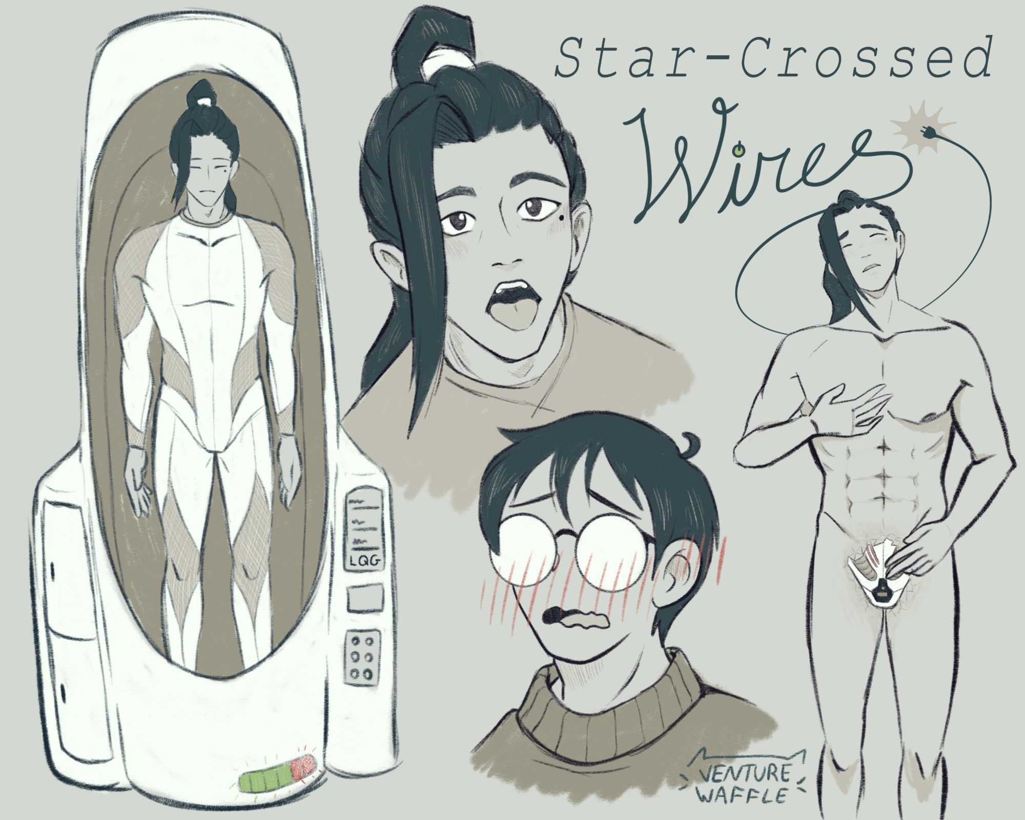 Sketch page of Liu Qingge and Shen Yuan from SVSSS based on the AU fanfic star-crossed wires. Drawings include: LQG in a white jumpsuit asleep in a human sized charging pod, close up of LQG with his mouth open, close up of SY blushing, full body shot of LQG naked with his nanoskin retracted from his crotch where there is only an empty port that he is touching