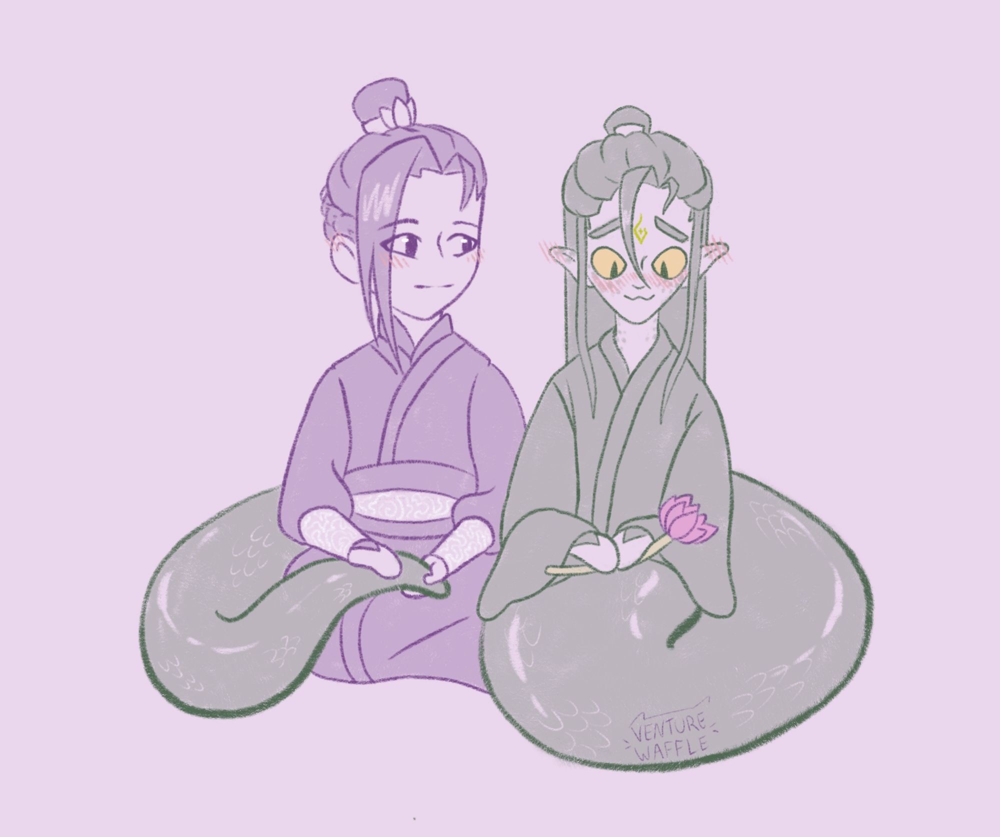 jiang cheng from mdzs sitting next to Zhuzhi-Lang from svsss. Zhuzhi-Lang has a lotus flower in his hands and is blushing while jiang cheng gently holds the end of Zhuzhi-Lang's tail.