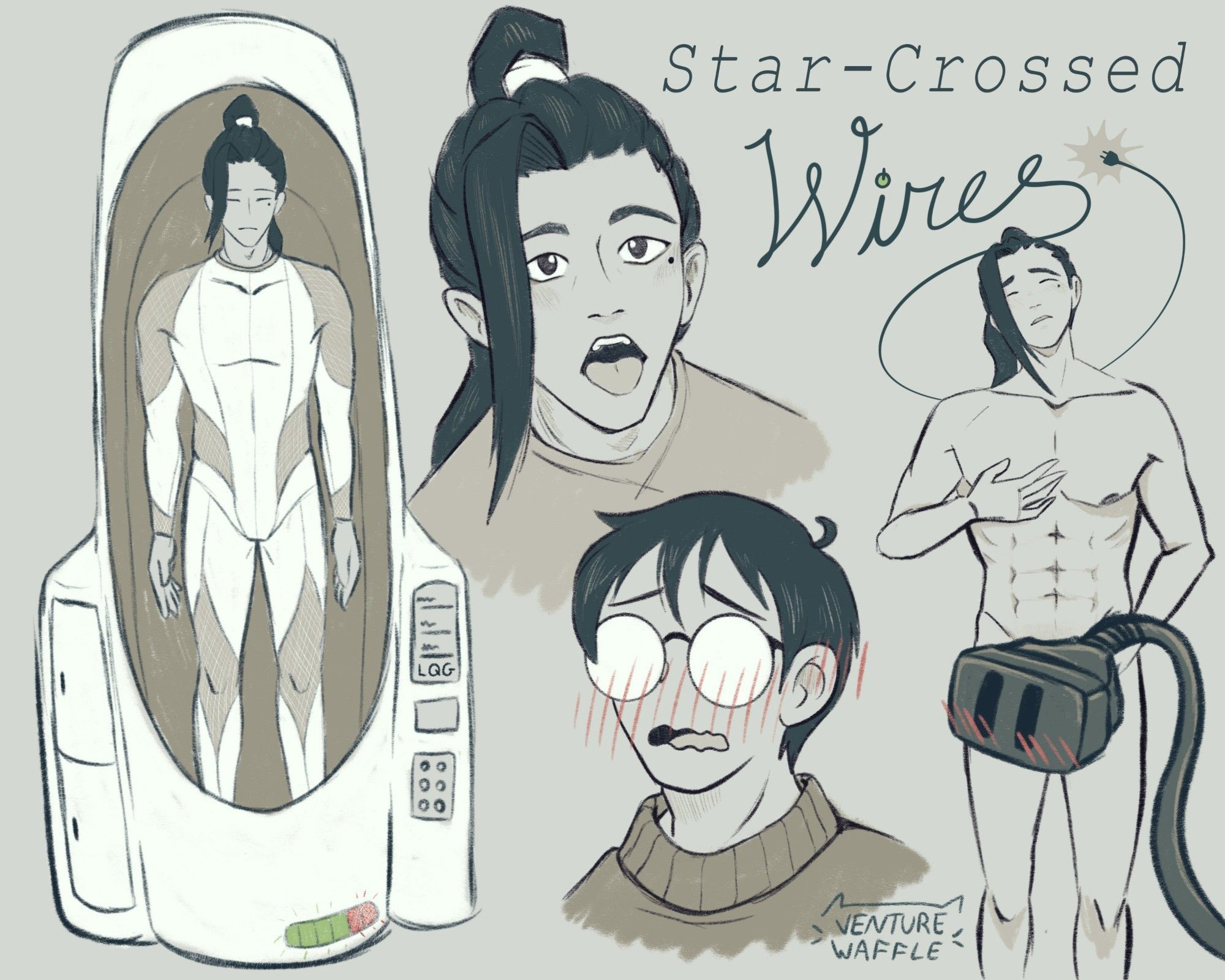 Sketch page of Liu Qingge and Shen Yuan from SVSSS based on the AU fanfic star-crossed wires. Drawings include: LQG in a white jumpsuit asleep in a human sized charging pod, close up of LQG with his mouth open, close up of SY blushing, full body shot of LQG naked with his hand towards his crotch. His hand/crotch is censored by the "female" end of an extension cord that appears to be blushing