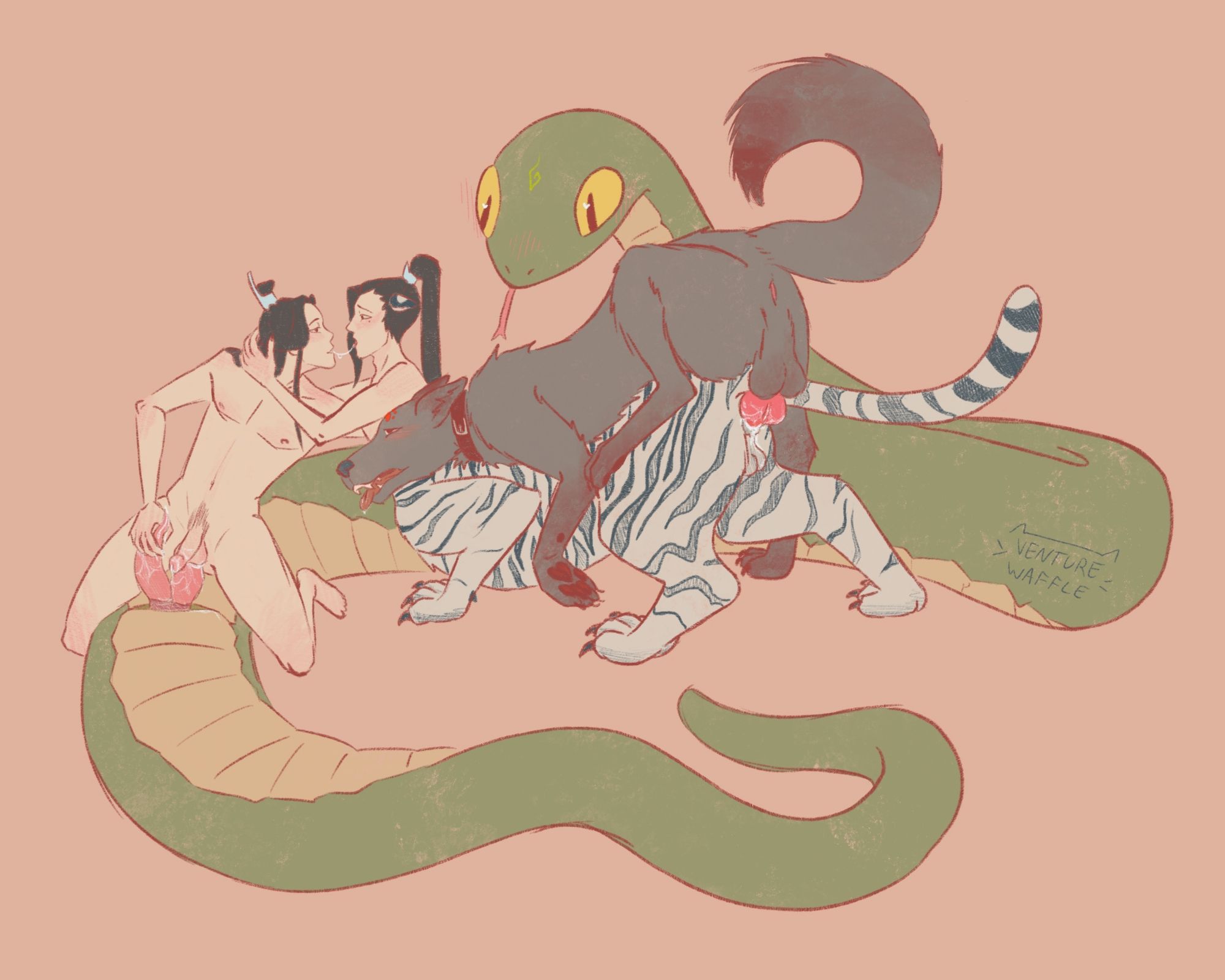 NSFW drawing of characters from SVSSS. SQQ is human and riding ZZL's cock. ZZL is a giant snake. SQQ is kissing LQG who is a white tiger centaur. LBH is a giant wolf who is mounting LQG, his tongue is out.