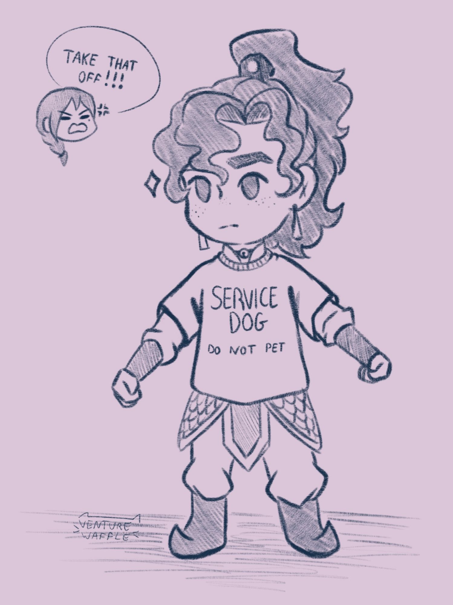 Quan Yizhen from tgcf drawn in a chibi style wearing a shirt that says "service dog do not pet" and there is a speech bubble of Yin Yu saying "take that off!!!"