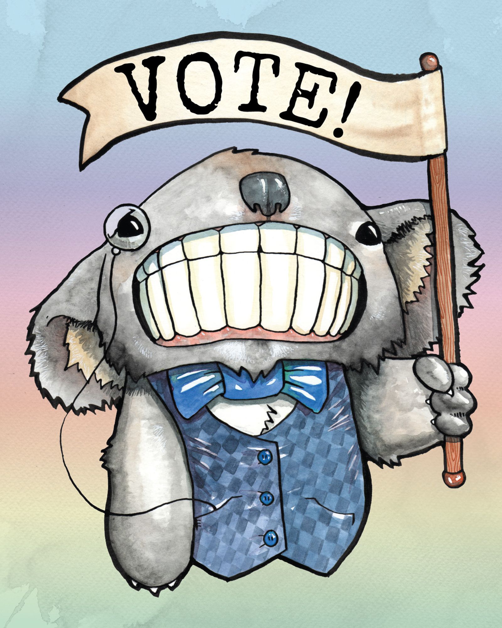 Watercolor illustration of a Teeth Creatures koala holding a banner that says "Vote!".