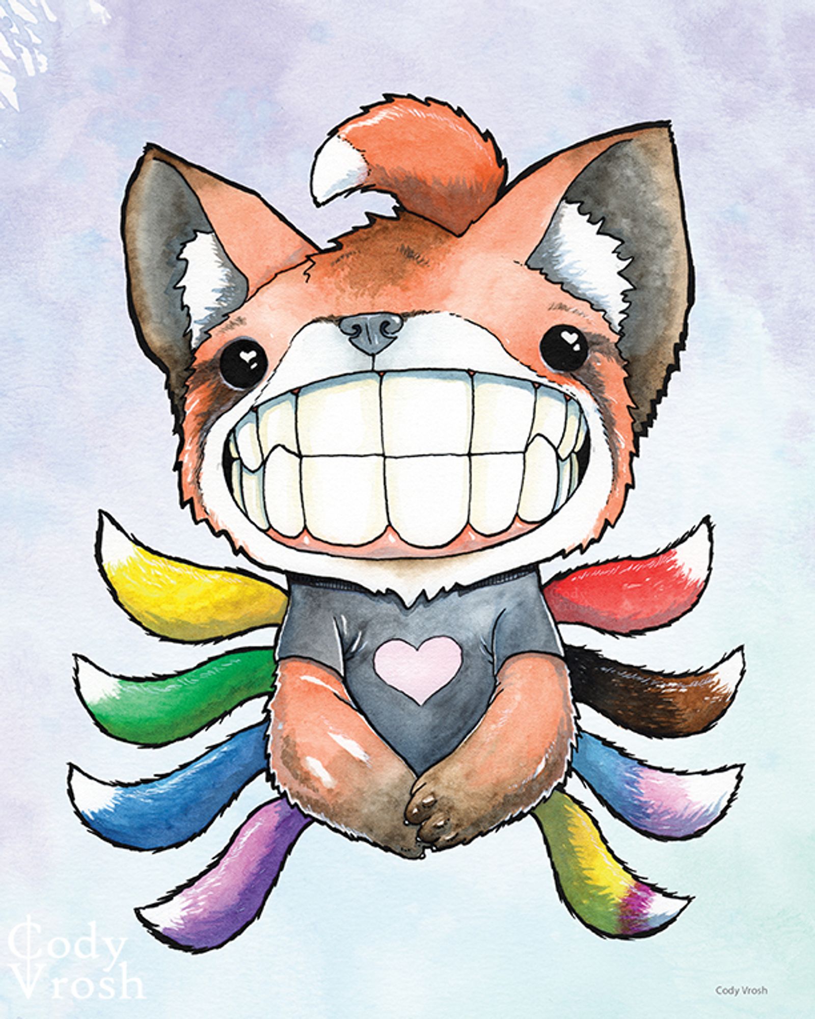 Watercolor illustration of a Teeth Creatures Pride Kitsune.