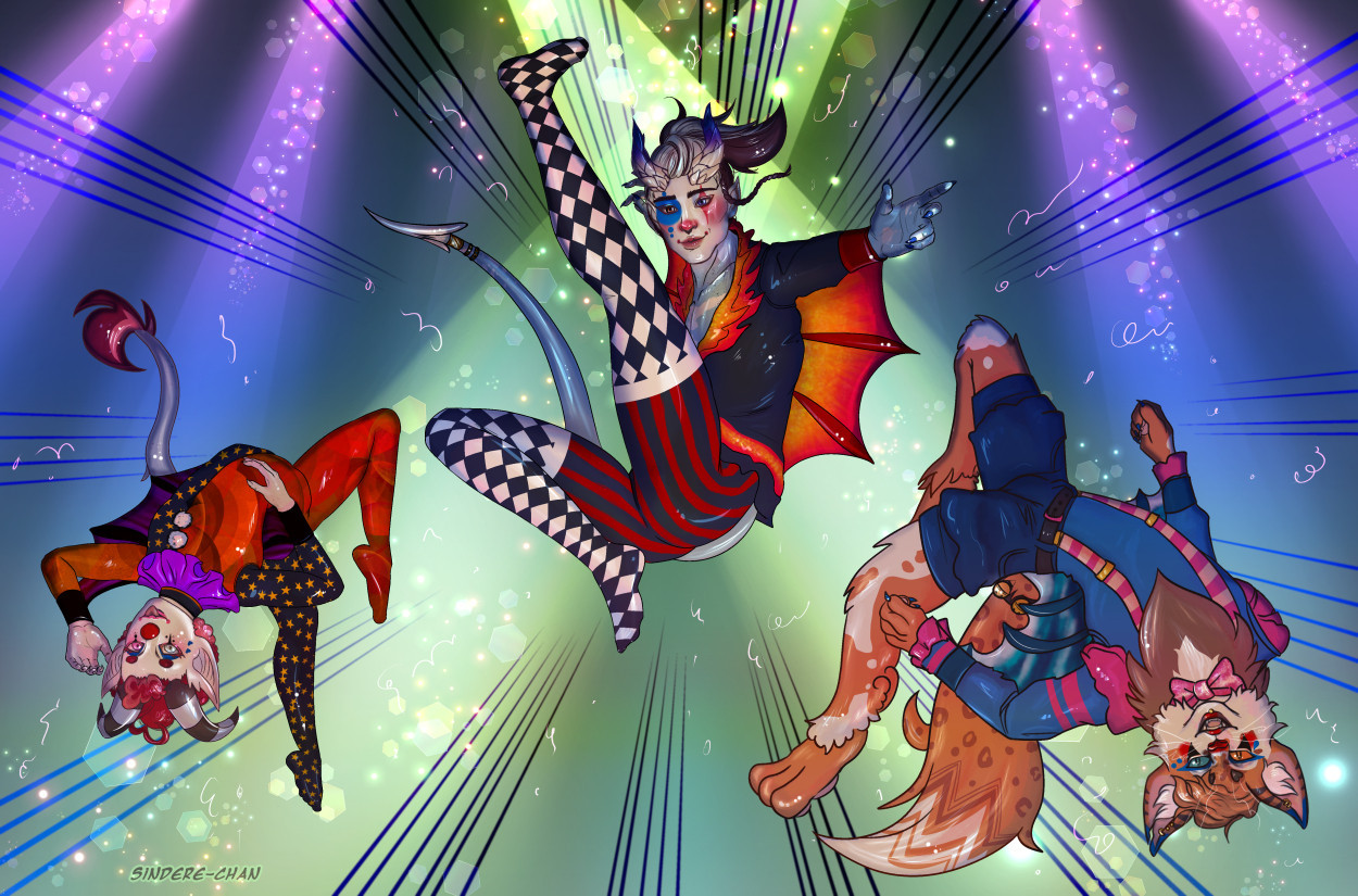 Left  - A small cherry red-headed clown with black and white horns flips backwards with his tongue sticking out. He has on clown facepaint and a red clown nose anf his outfit is mismatched. He has on purple bat wings and has a silvery blue tail with a red tuft. 
Middle - A tiefling with blue skin and white spots is jumping forwards with arms outstretched. He is also wearing clown tights by his shirt more resembles an ice skating shirt with a flame collar. His bat wings are also flame themed. He also has white makeup and has red-brown and white hair and a long tail.
Right - An orange and white catperson (tabaxi) with fluffy fut. He has tiger markings on his face but intricate markings on his tail. His outfit is pink and blue and his wings are blue and white. He wears a pink bow-tie over his white and brown tufted fur.