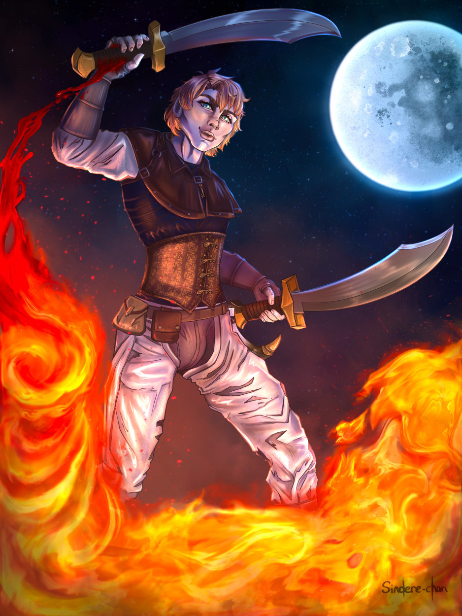 Pyre the aasimar poses with his dual swords. There is an open wound on his hand that is bleeding, and the blood is being turned into flames that rage in front of him. He has pale skin with white markings, strawberry blonde hair and blue eyes. A full moon can be seen at the top right of the drawing.