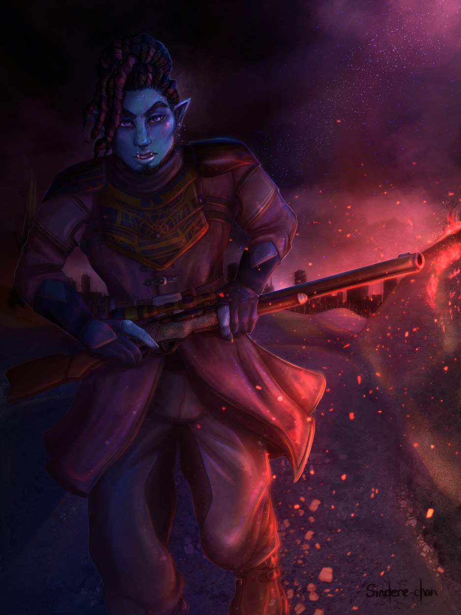 Mako the half-orc with blue-grey skin runs away from a decrepted city in a desert. He is holding his rifle and is sweating as it appears the surrounding area is on fire. Sparks from the flames are coming from the right side of the photo and the sky is dark and full of thick black smoke.