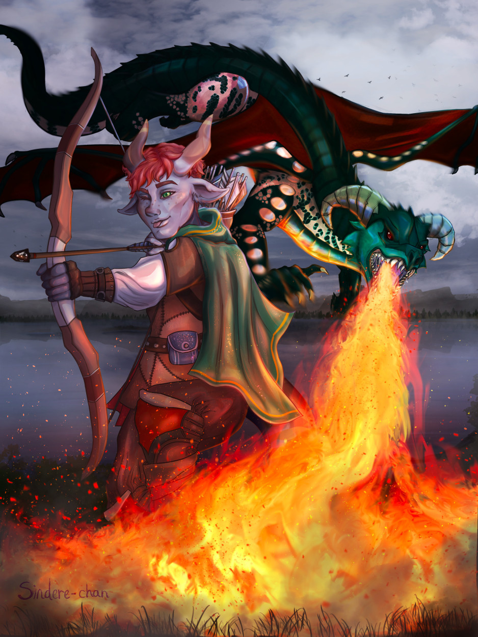 Finín the firbolg with blue skin and brown draconic horns is crouching down with his bow drawn. His one green eye is closed and his tongue is out as he concentrates. His hair is bright red which compliments his green cloak. His armor is mostly brown leather. Behind him is a red and green drake who is breathing fire in front of Fin.