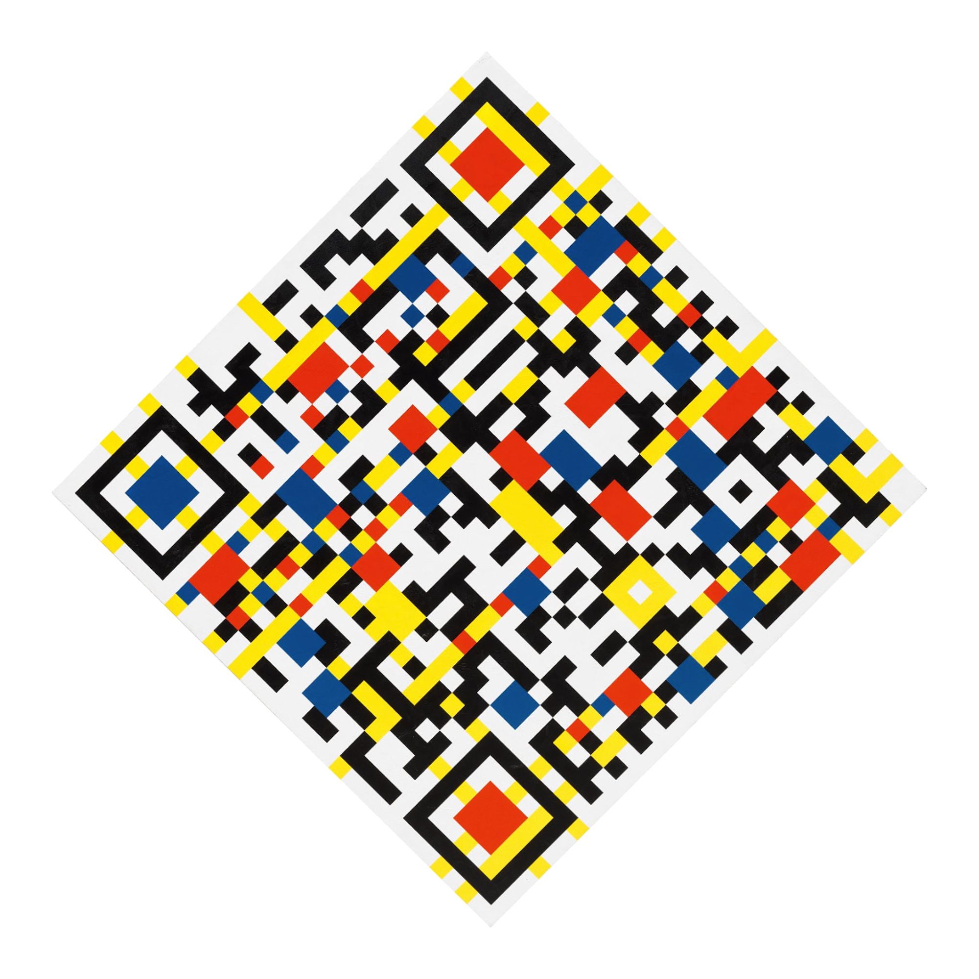 Een QR code die qua stijl nogal lijkt op een schilderij van Piet Mondriaan.  Dit is een werk van multitalent Douglas Coupland.