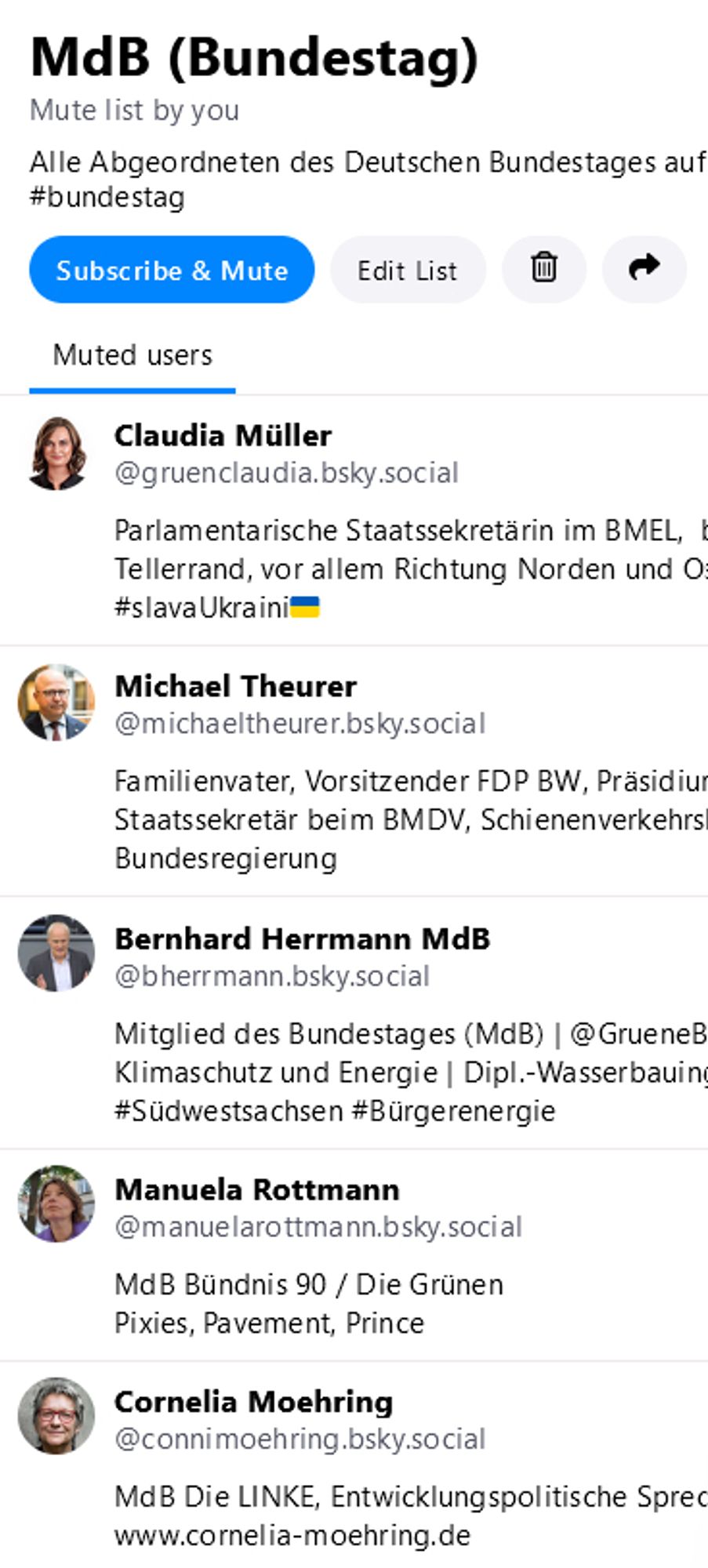 Screenshot der Mute-Liste der MdB.
Man sieht Profie verschiedener MdB.