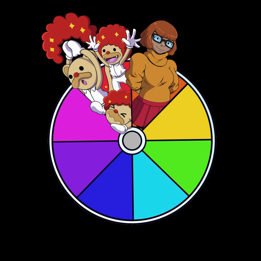 The colour wheel featuring the following characters

Red: Clappy Trio
Orange: Velma