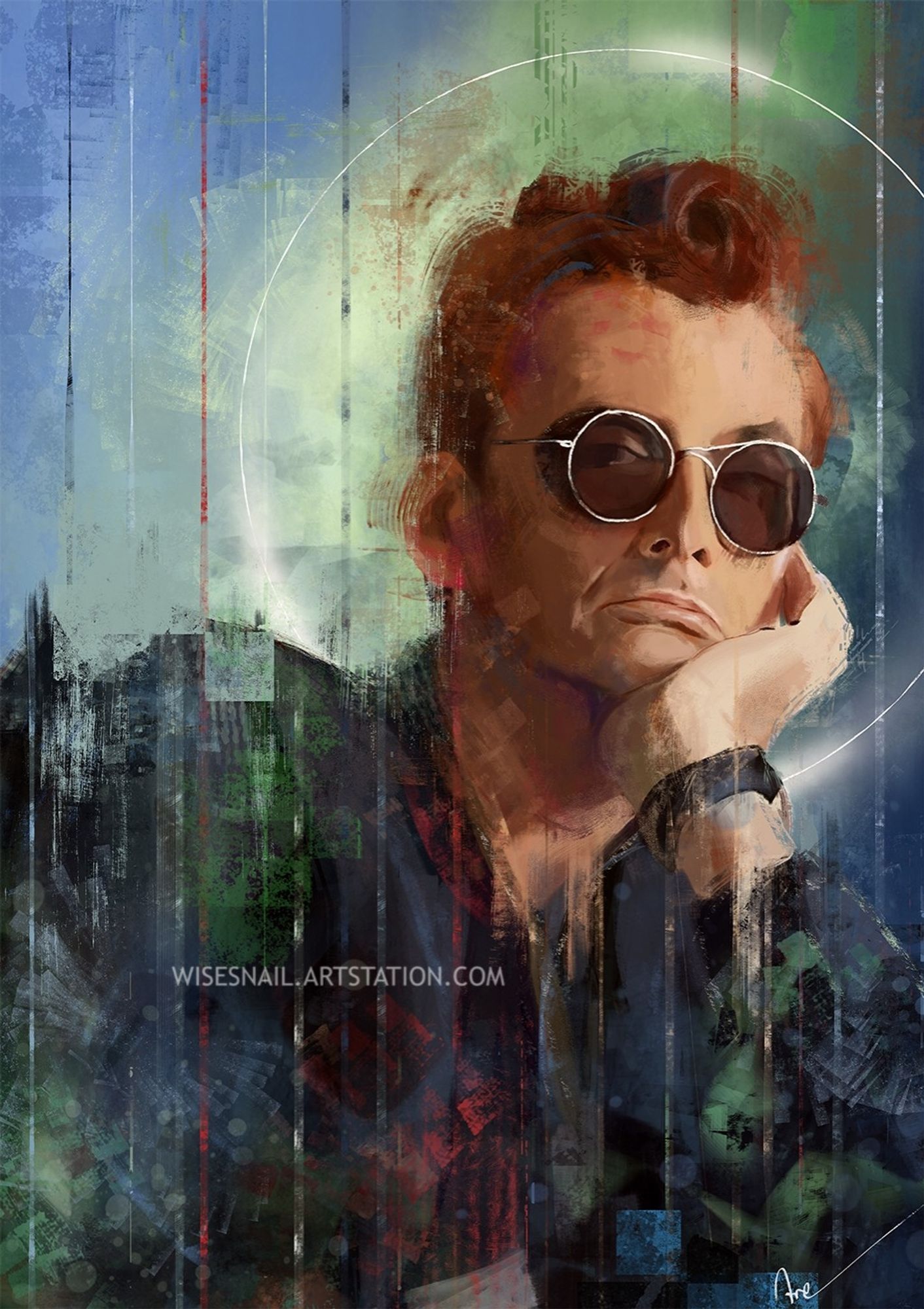 Portrait of David Tennant as Crowley. He's leaning on his left hand, looking bored, and is wearing sunglasses. A bright halo surrounds his head, and the background is rendered in tones of blue and green.