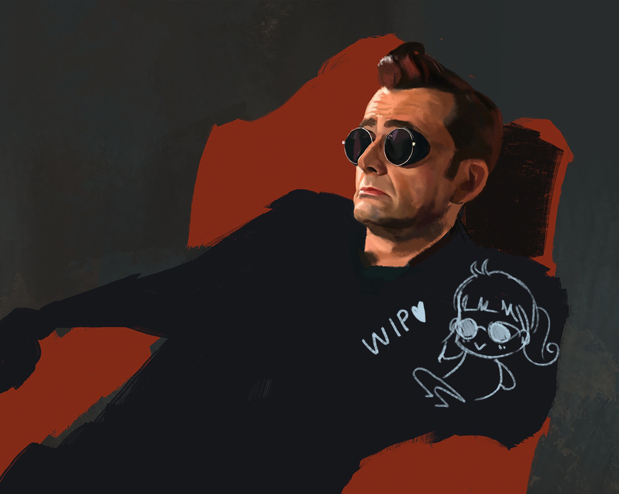 Wip of a potrait of David Tennant as Crowley. Only the face is rendered, the rest is only blocked in as solid colours. A little chibi potrait of the author is in the right corner.