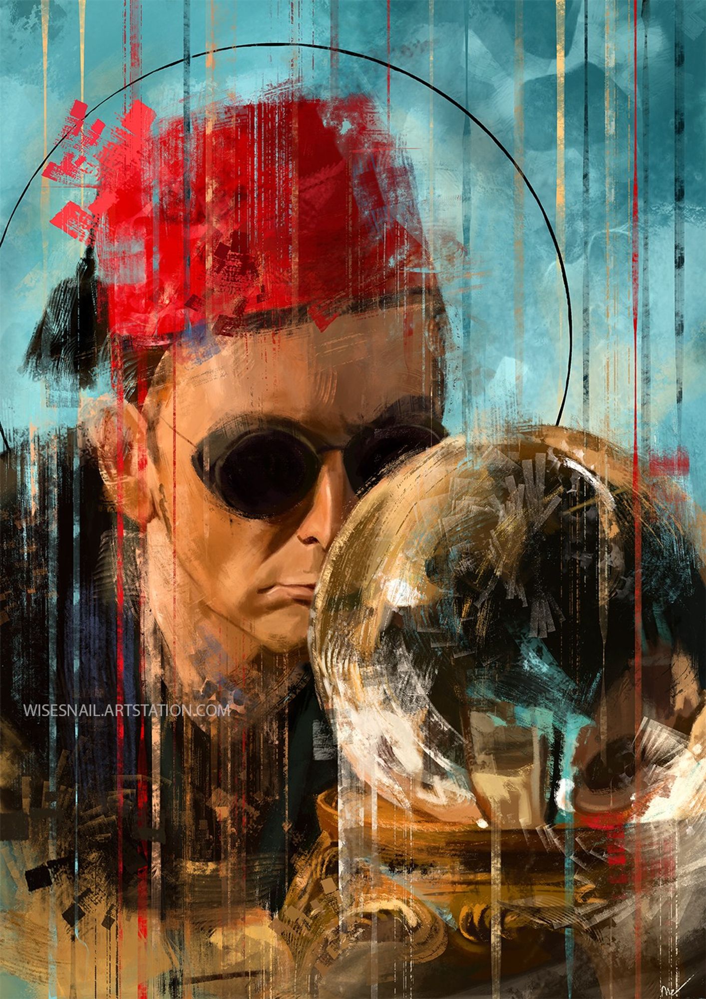 Portrait of Crowley staring intently at a cystal ball, which is at the forefront of the picture. Crowley is wearing a red fez and his signature glasses. A halo surrounds his head.