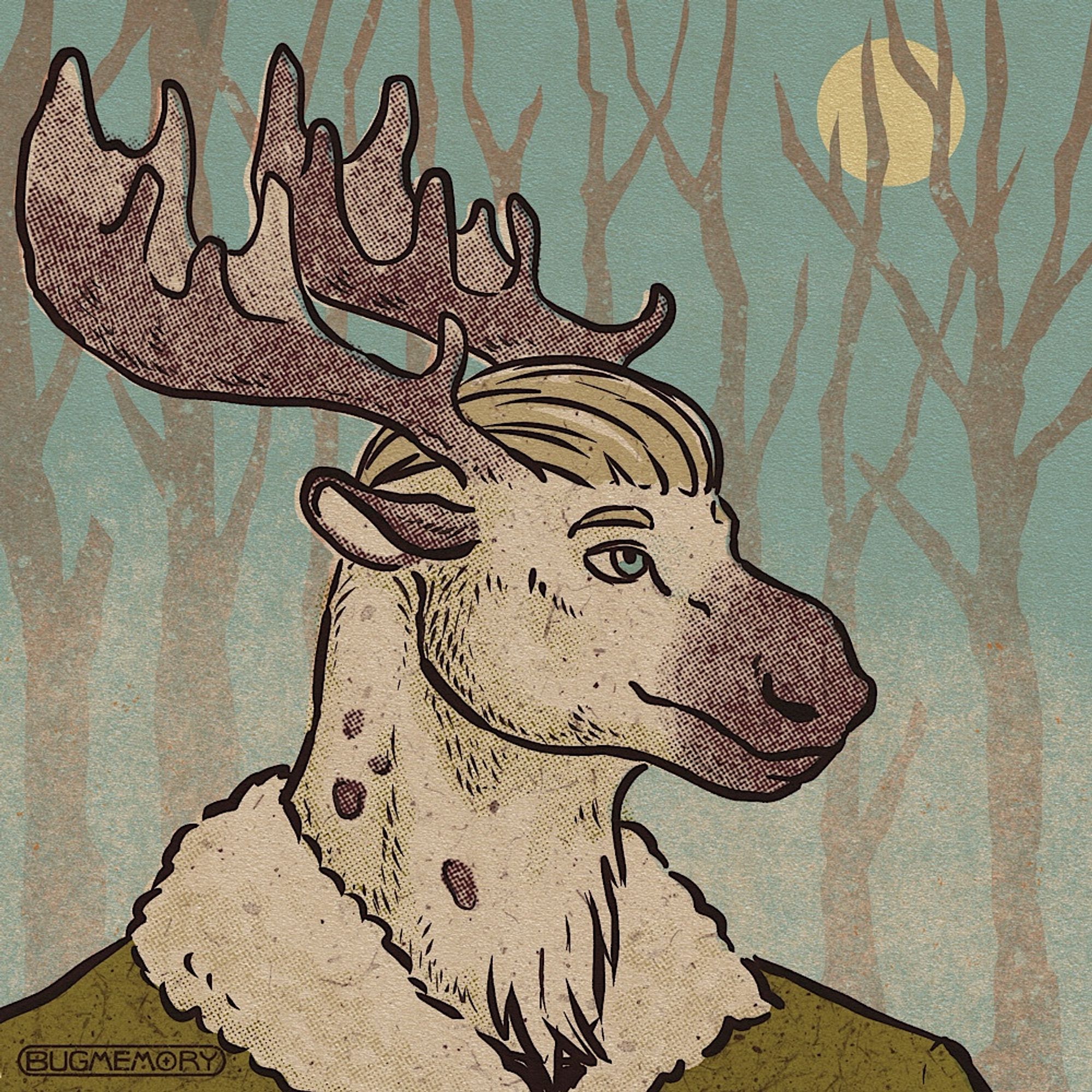 Zeke the elk in a spooky forest under the full moon