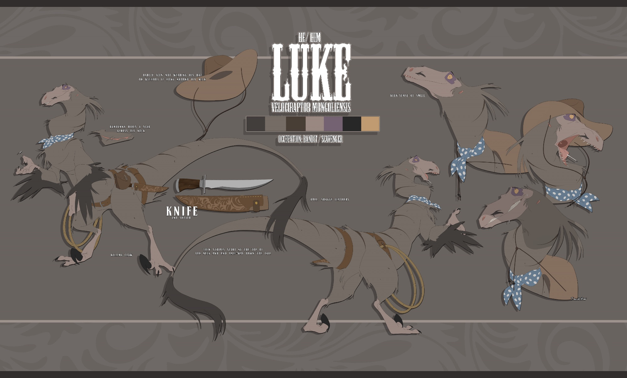 Luke the feathered velociraptor bandit, by @tanuklear.bsky.social