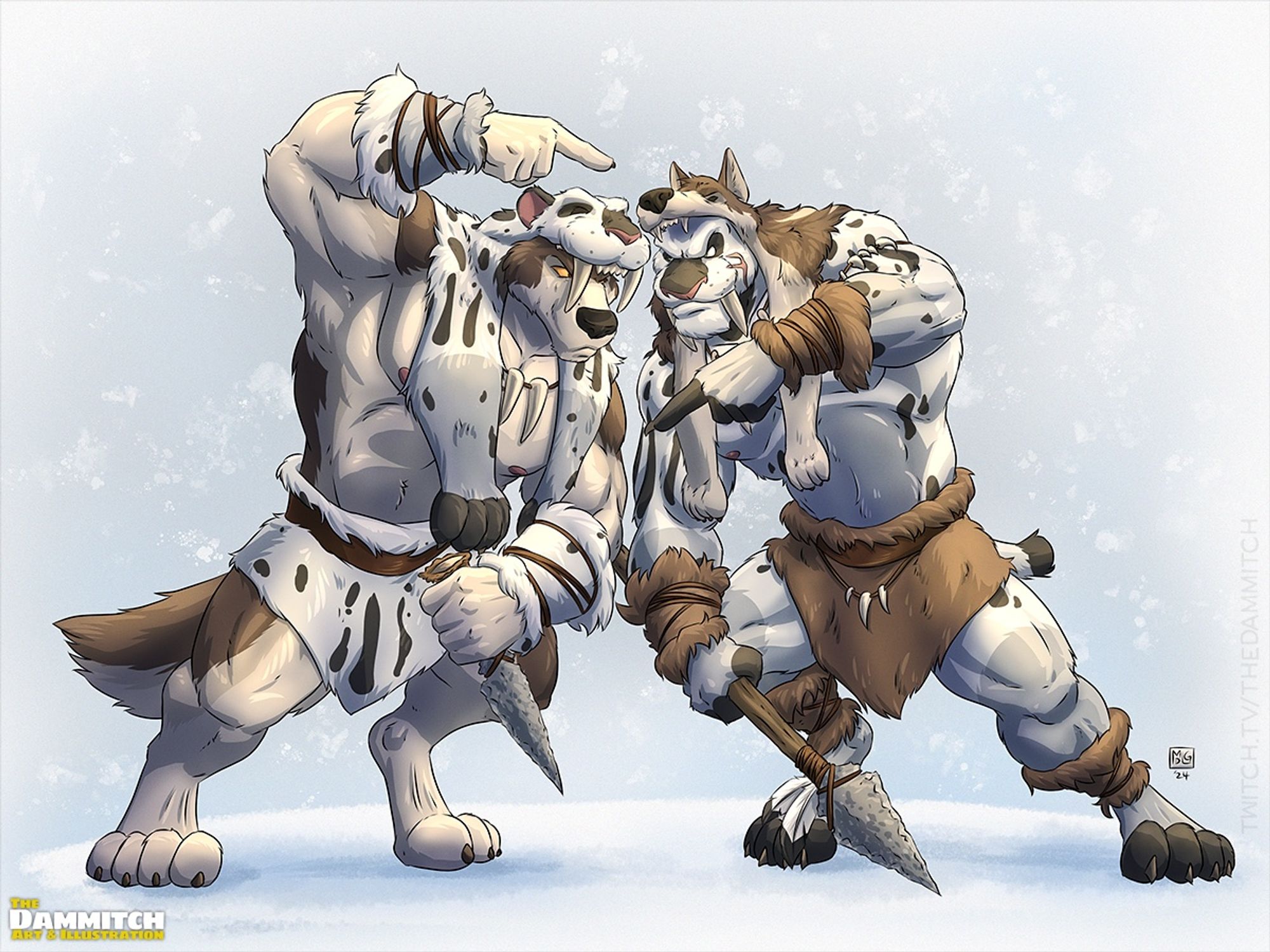 Victor the Paleolithic smilodon hunter (right) gets into a tussle with a wolf (left). Victor wears a wolf pelt on his head (and holds a spear); the wolf has a smilodon pelt (and holds a stone dagger). They seem riled up about the potential that each knew the guy the other one is wearing.