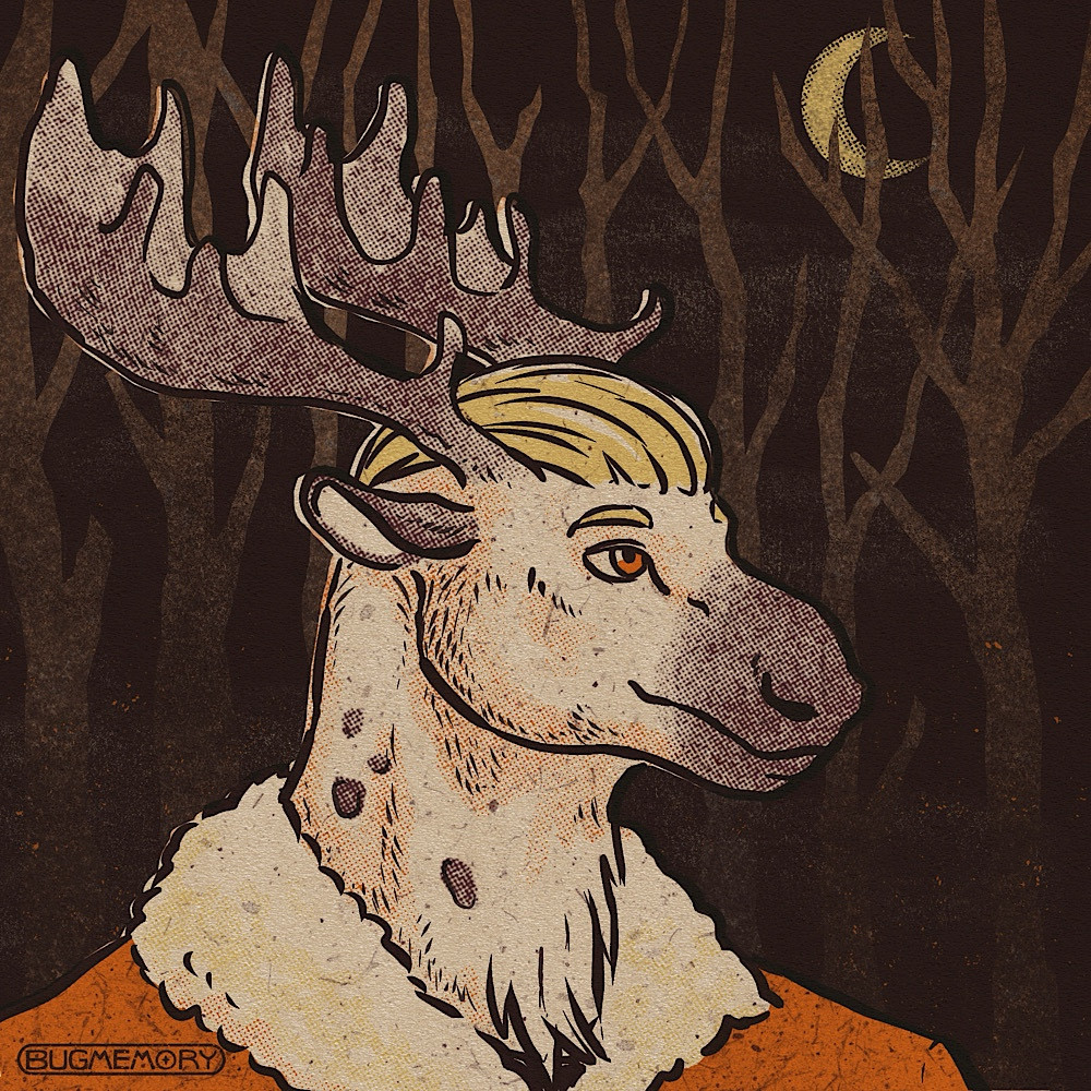 Zeek the elk in a *dark* spooky forest under a waning quarter moon with red eyes