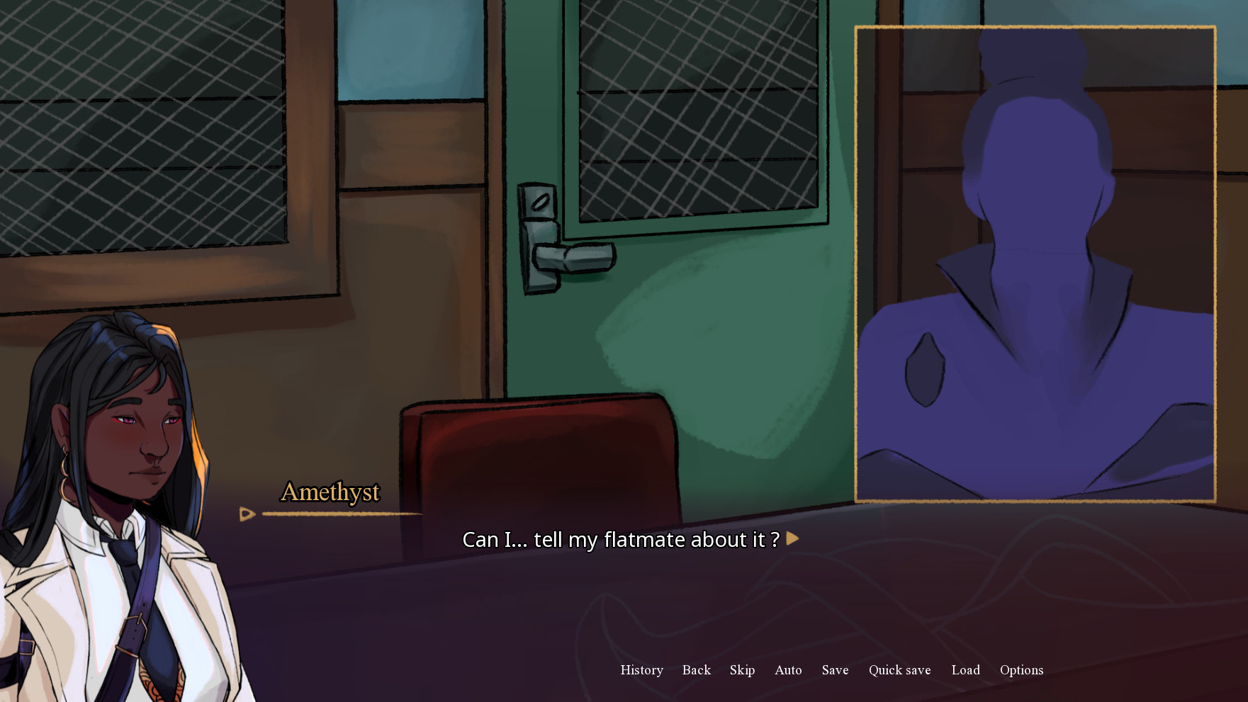 Screenshot of my visual novel in development, Corrupted Hydra Project. The character Amethysts (who has a side sprite) is speaking : "Can I... tell my flatmate about it ?". A faceless sprite of a woman in a police uniform is also on-screen. Both characters are in an interrogation room.