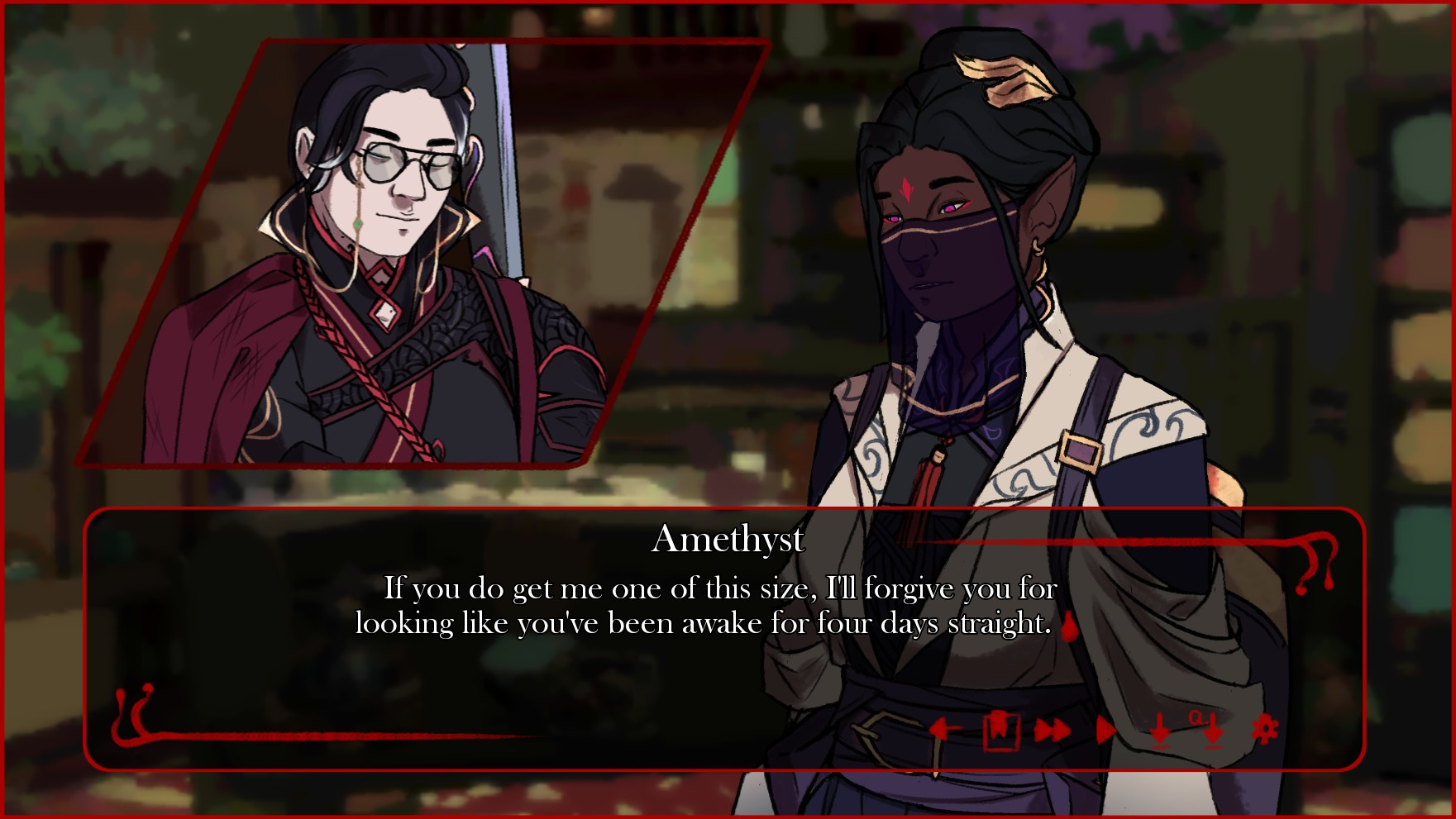 Screenshot of a visual novel in development, From Fangs to Scales. The character Amethyst (who has a sprite wearing a white and purple outfit and a face veil) is speaking : "If you do get me one of this size, I'll forgive you for looking like you've been awake for four days straight.". A male character with glasses, wearing red and black has a smug expression as she speaks.