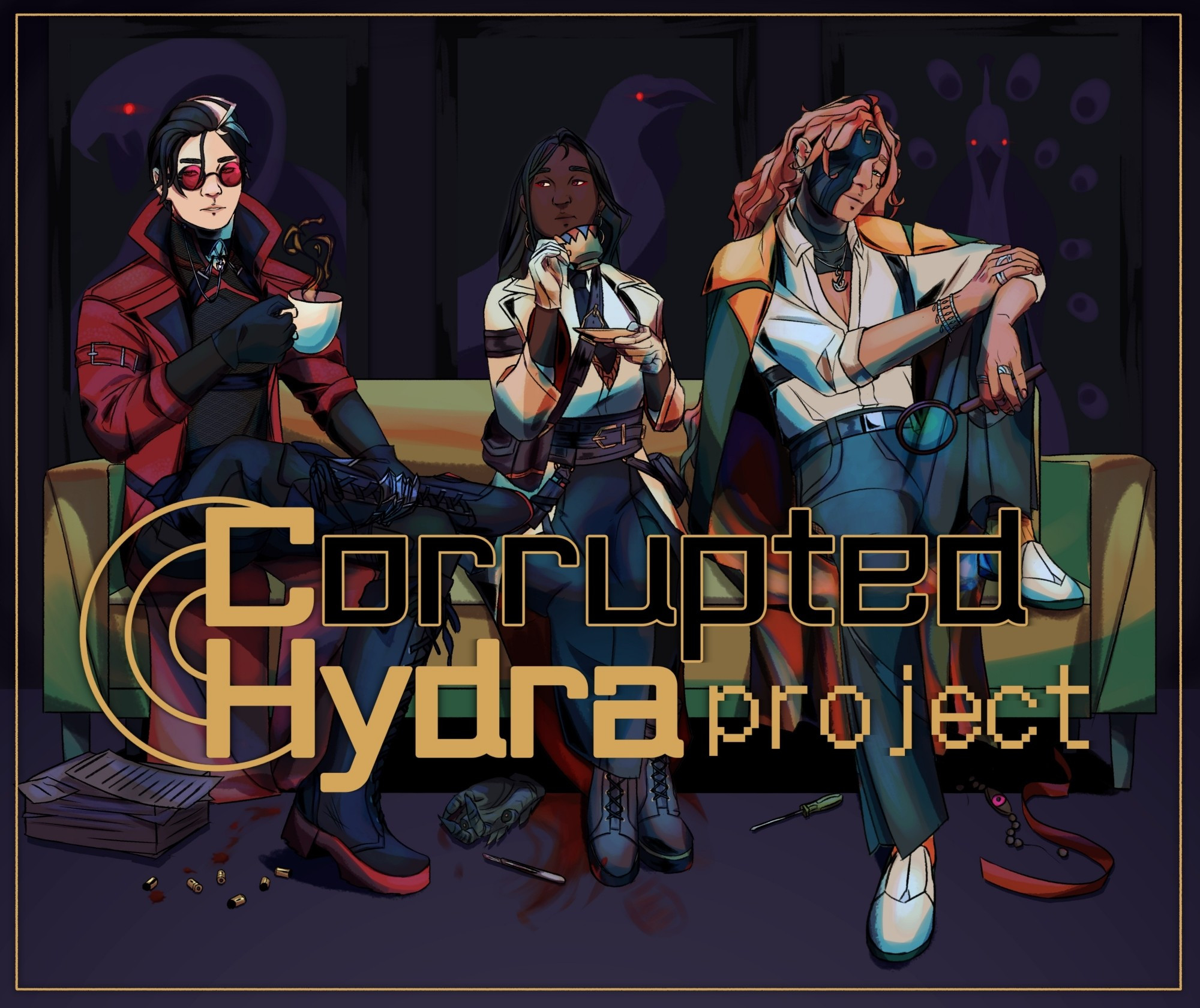 Key illustration for my visual novel in development, Corrupted Hydra Project, with the logo. Three characters are sitting on a couch, with objects scattering at their feet and vague paintings shown behind them. 

On the left, a guy in black, with a red coat and shades. There are bullets, a stack of paper, as well as blood smears near his feet. The painting behind him shows a snake with its fangs out.
In the middle, a woman sitting straight, she's wearing a white coat, a dark skirt and boots. There is a cut vaguely human hand, a scalpel, and a big blood stain beneath her on the floor. The painting behind is a raven in profile view.
On the right, a ginger man with a half face mask, wearing mostly green, blue, and orange. There is a screwdriver, a ribbon, and an eye-shaped pendant near his feet. The painting behind represents a peacock, looking straight at the camera.