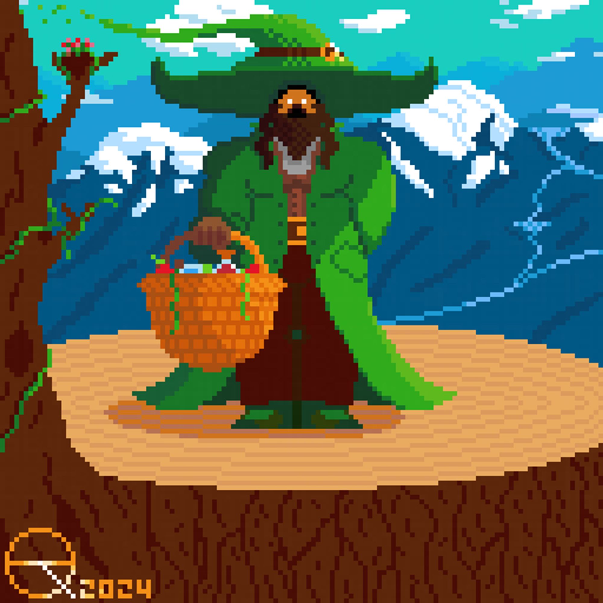 A pixel drawing. It depicts a wizard named Q. 

He dons a green coat, with somewhat formal dress underneath, including a white shirt, brown vest, brown leather gloves, dark mahogany pants, a belt with a gold buckle, and green boots.

Upon his head, he is wearing an oversized green wizard hat; its pointed tip sways, leaving a short-lived trail of leaves in its wake. Around the hat is tied a belt of brown leather, with a small, Q-shaped golden buckle.

Upon his face, Q has a thick brown beard, and a golden mask; behind the mask one can see his eyes glowing in white. His actual skin is the black of a lightless void.

He is standing upon an the stump of a big tree (it is actually a clean-cut branch of an utterly enormous tree; a tree-sized offshoot of it can be seen in the left of the frame). Q has his left hand behind his back and his right hand holding a big basket filled with potions, fruit, herbs, and the like.

Blue, snow-capped mountains, with rivers and lakes, line the background.