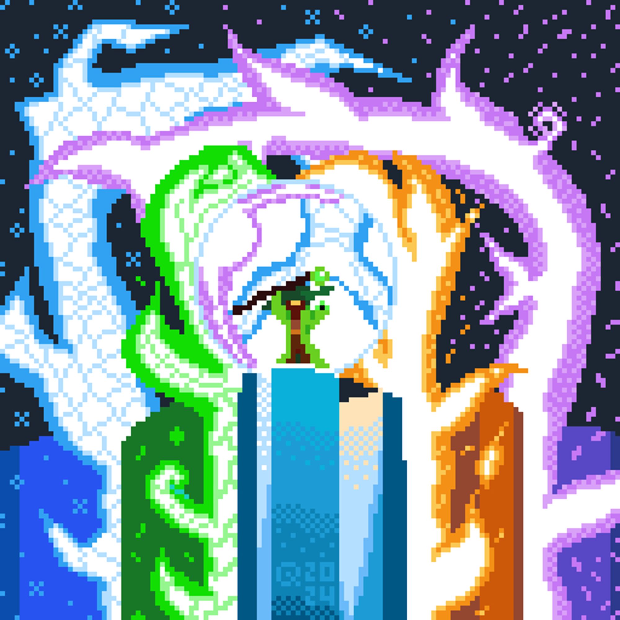 A pixel image depicting the wizard Q in the process of an elemental harvest. He is standing on a sheer cliff of blue rock, in which vertical channels seem to have been cleaved. In his right hand, he holds high a long black magical staff, capped with a shining green jewel, and has erected a clear spherical barrier around himself.

Around him, massive ethereal tendrils of elemental energy are channeled through parts of the cleaved cliff, shooting skyward and then curving around to crash into Q's barrier. From left to right:

-A blue tendril of Ice with ice cracks in its light, angular ice-like offshoots, and emitting snow crystals
-A green tendril of Verdure with vines and leaf-veins in its light, leaf and branch-like offshoots, and emitting leaves
-An orange tendril of Fire, with a light and offshoots expectedly like fire, emitting flames and embers
-A pink tendril of Bloom, with thorny and butterfly-like offshoots, and with flower petals, both emited and contained in its light.